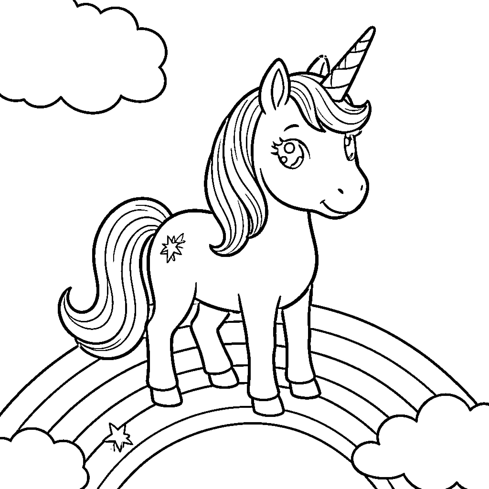 Unicorn standing proudly on a rainbow Coloring Page (free black-and-white line drawing printable PDF for all, from beginners to advanced learners, including children, teens, adults, and seniors)