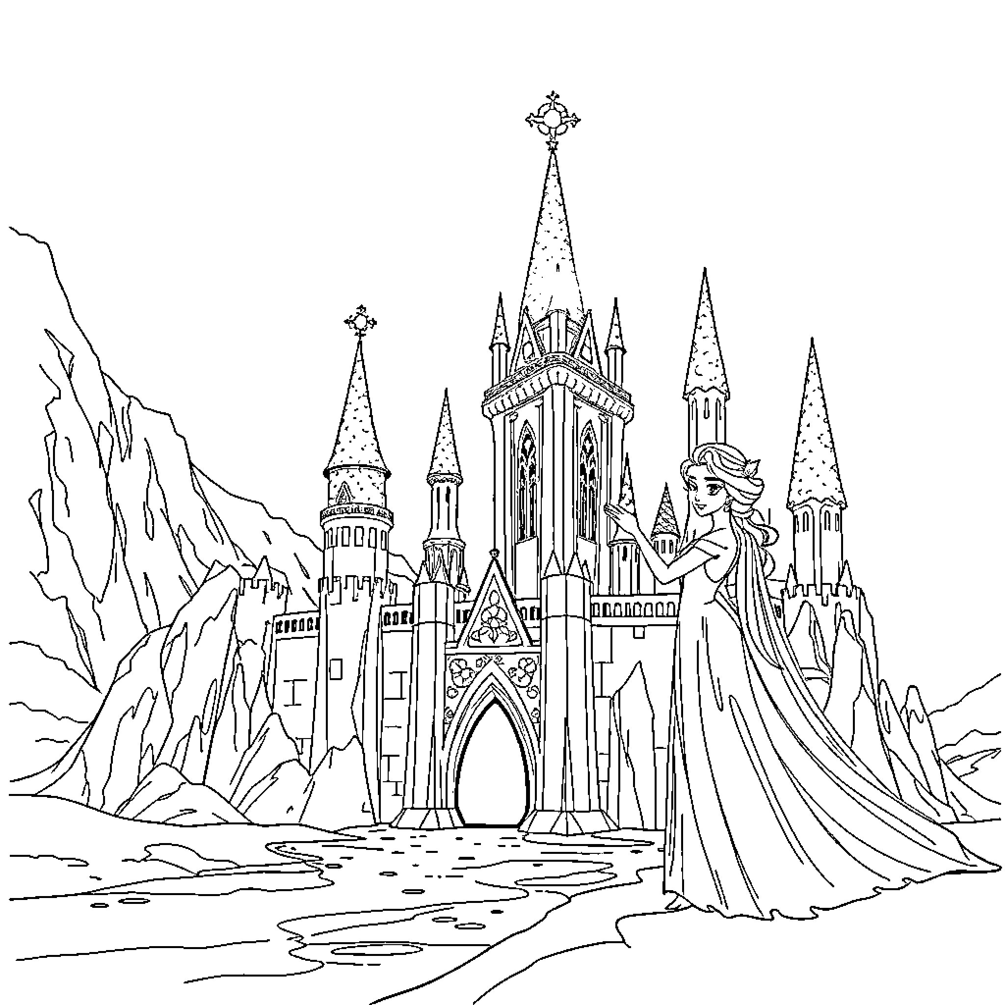 Elsa's Icy Castle of Wonder Coloring Page (free black-and-white line drawing printable PDF for all, from beginners to advanced learners, including children, teens, adults, and seniors)