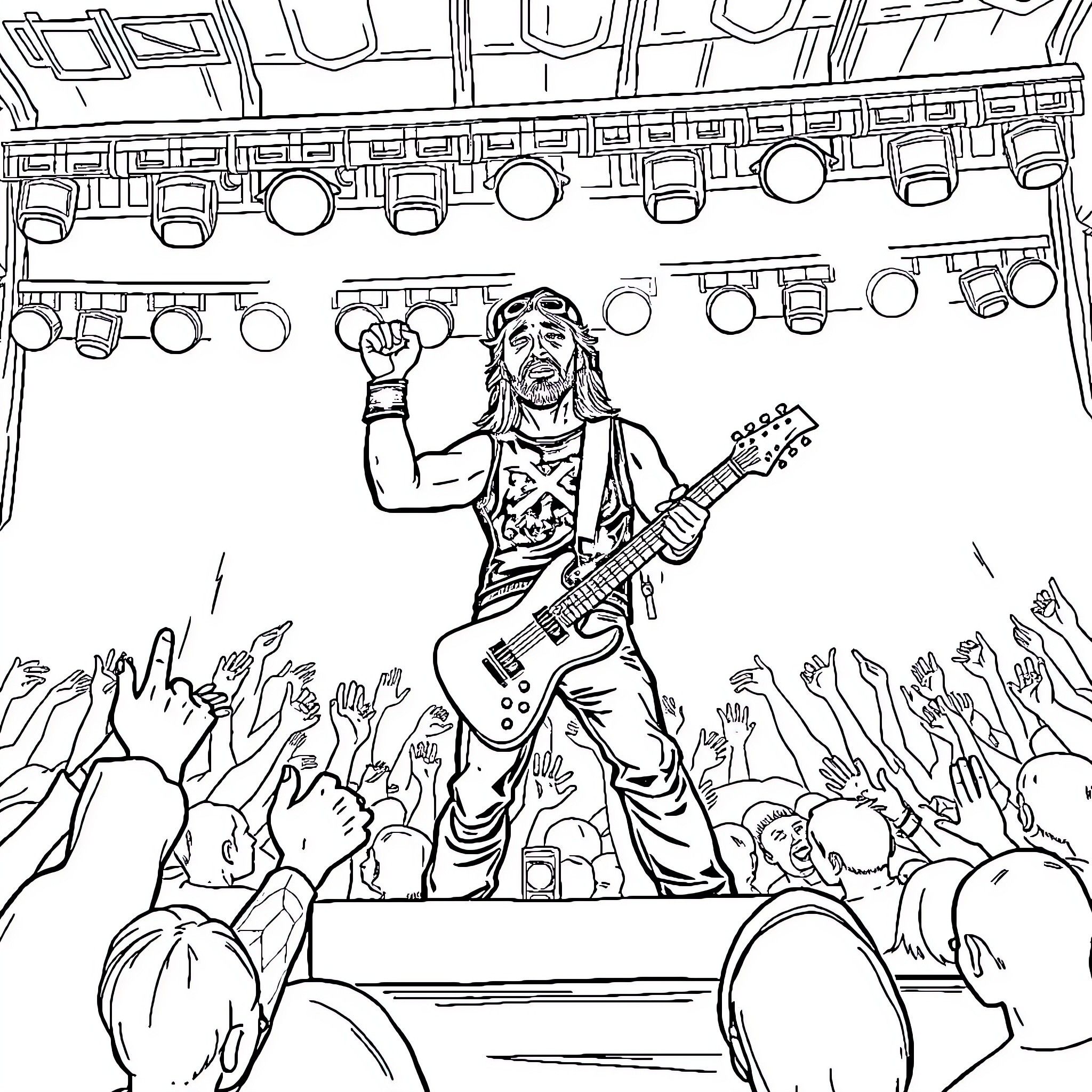 Bluey Rocks the Stage with Electric Guitar Coloring Page (free black-and-white line drawing printable PDF for all, from beginners to advanced learners, including children, teens, adults, and seniors)