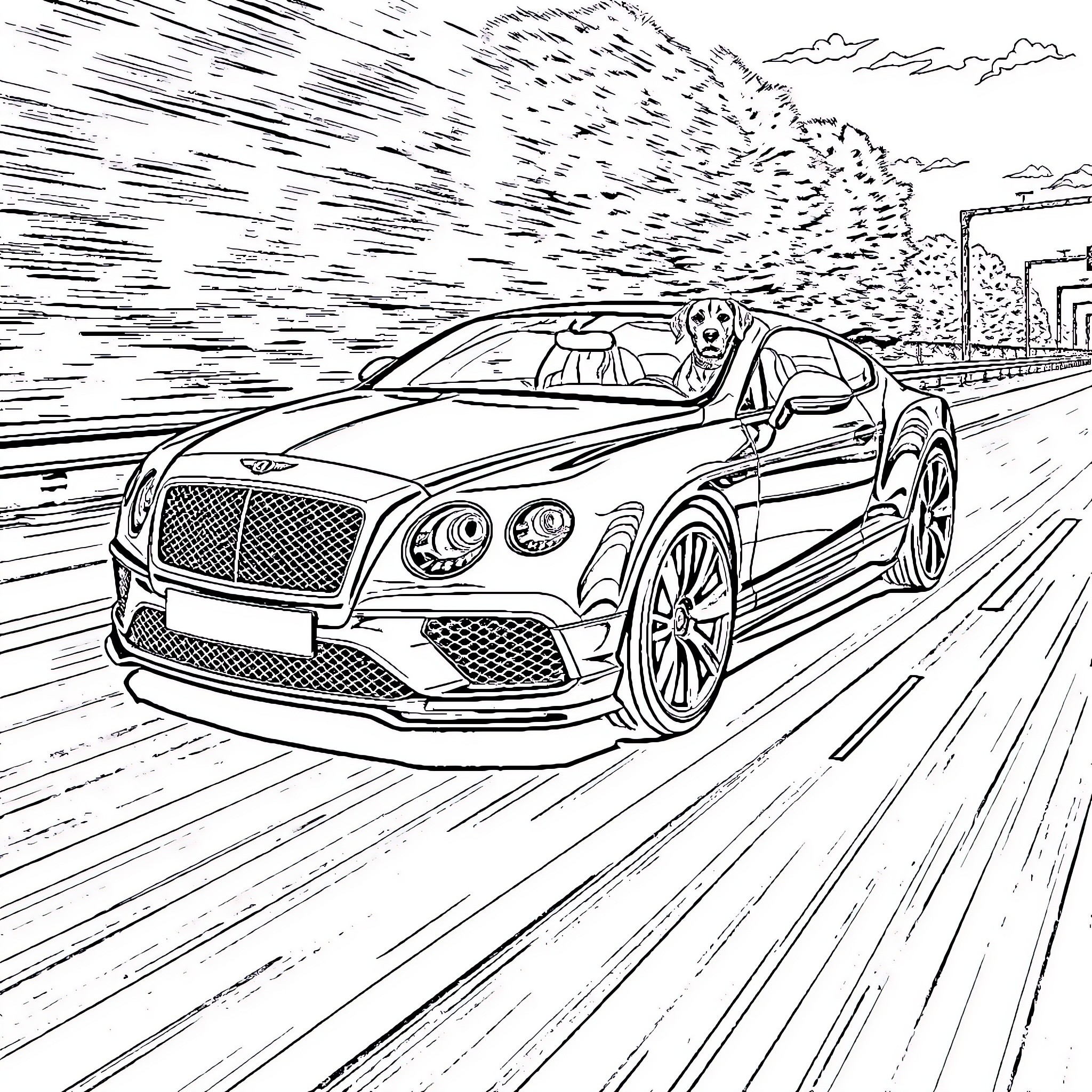 Bentley speeding through the city streets Coloring Page (free black-and-white line drawing printable PDF for all, from beginners to advanced learners, including children, teens, adults, and seniors)