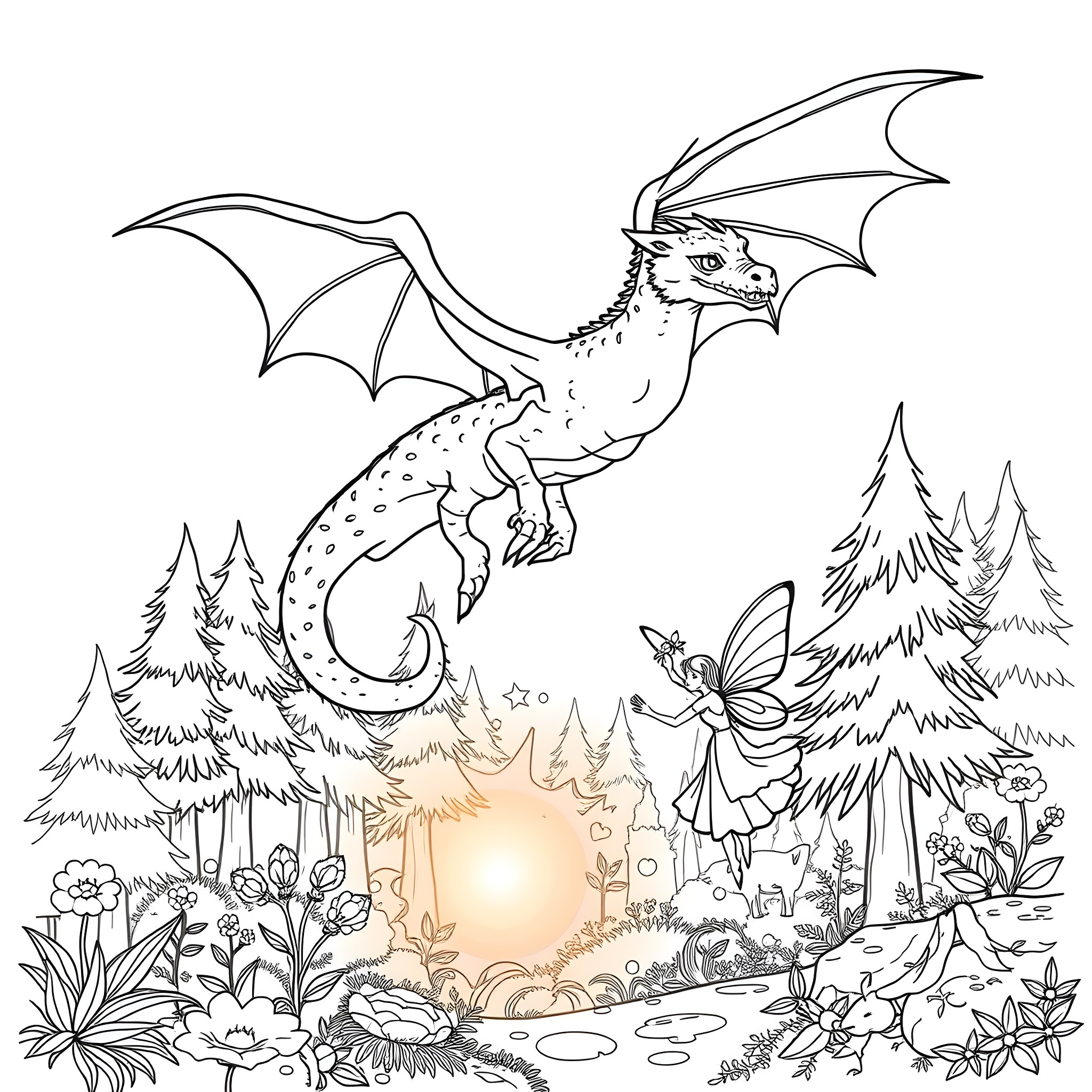 Dragon soaring over magical forest scene with fairy Coloring Page (free black-and-white line drawing printable PDF for all, from beginners to advanced learners, including children, teens, adults, and seniors)
