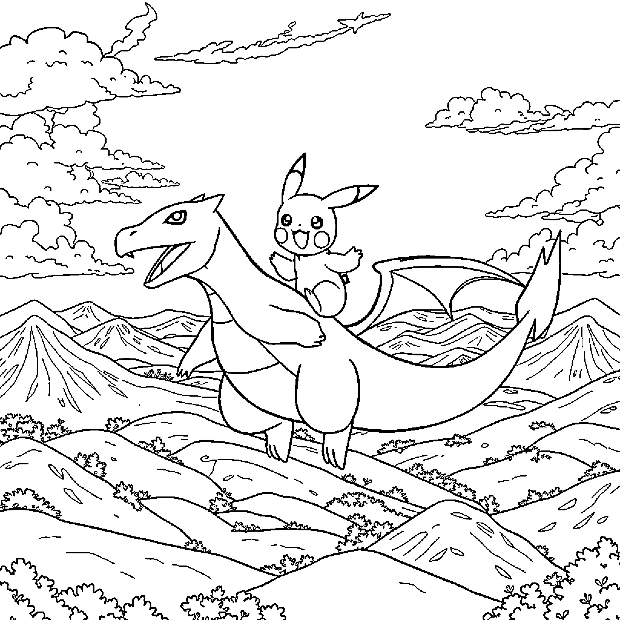Pikachu and Charizard taking flight in the mountains Coloring Page (free black-and-white line drawing printable PDF for all, from beginners to advanced learners, including children, teens, adults, and seniors)