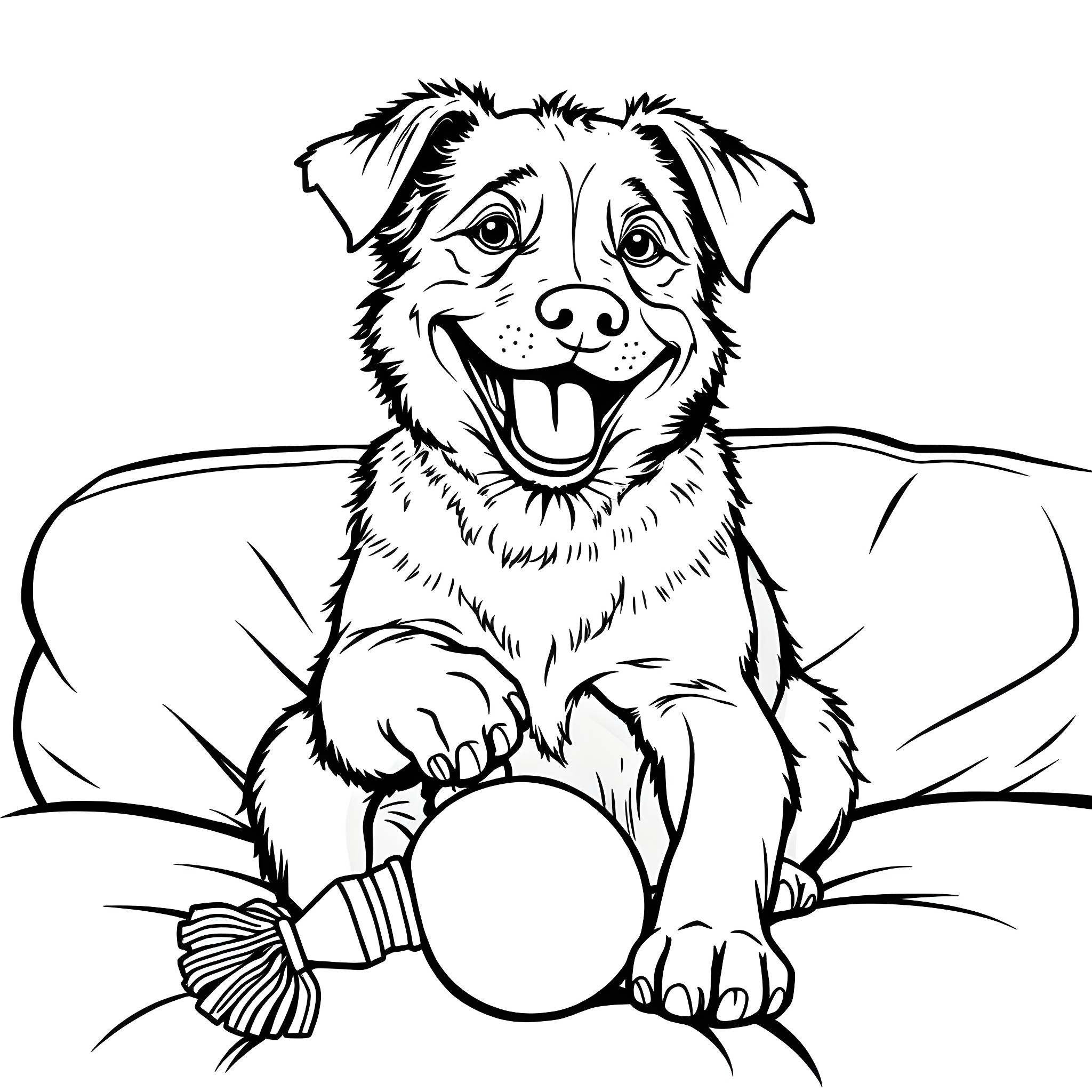 Dog playing happily with toy in the house Coloring Page (free black-and-white line drawing printable PDF for all, from beginners to advanced learners, including children, teens, adults, and seniors)