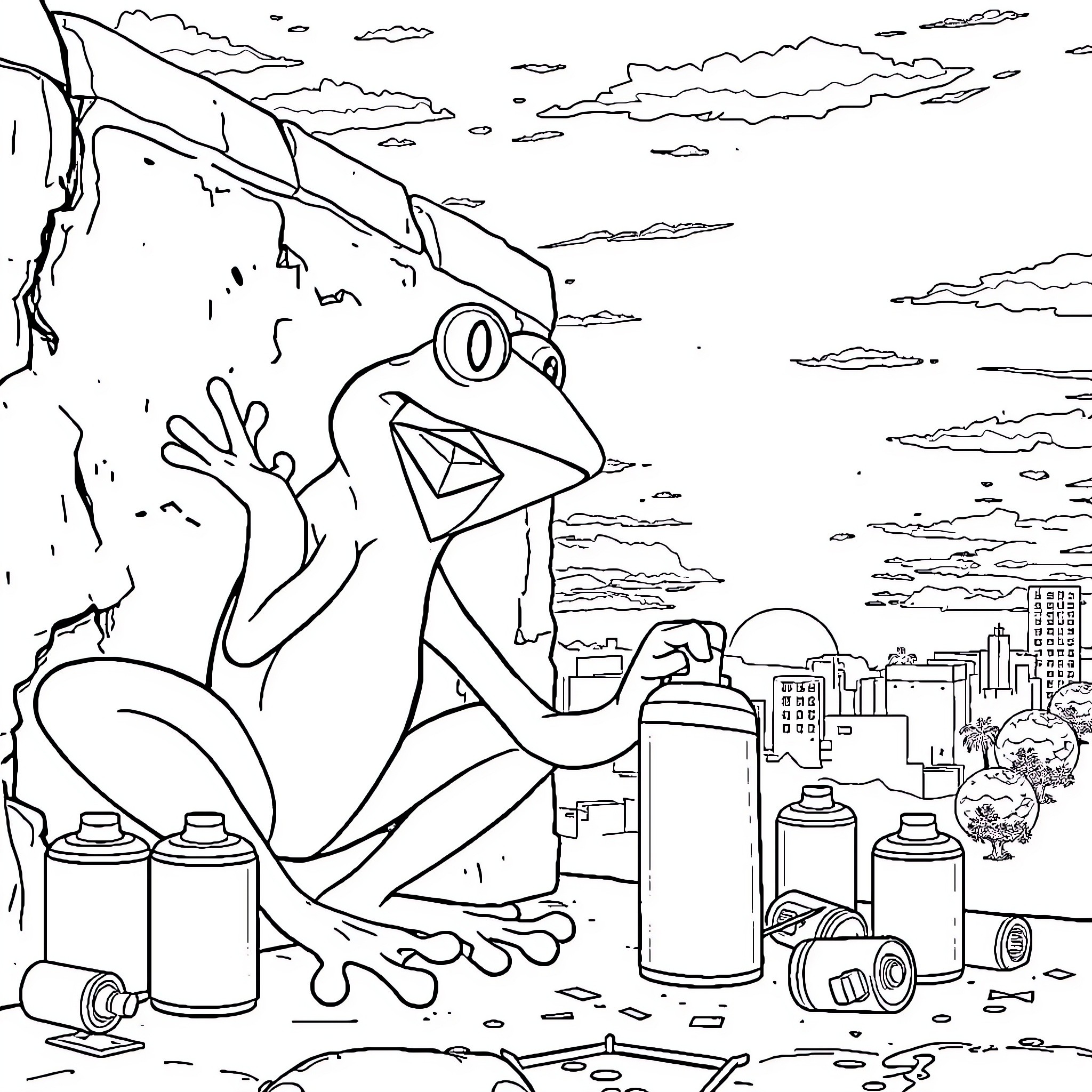 Pepe the Frog spraying graffiti in the city Coloring Page (free black-and-white line drawing printable PDF for all, from beginners to advanced learners, including children, teens, adults, and seniors)