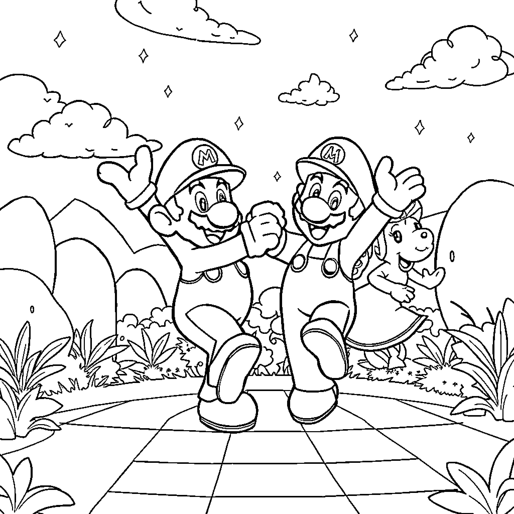 Mario and Luigi Explore the Magical Landscape Coloring Page (free black-and-white line drawing printable PDF for all, from beginners to advanced learners, including children, teens, adults, and seniors)