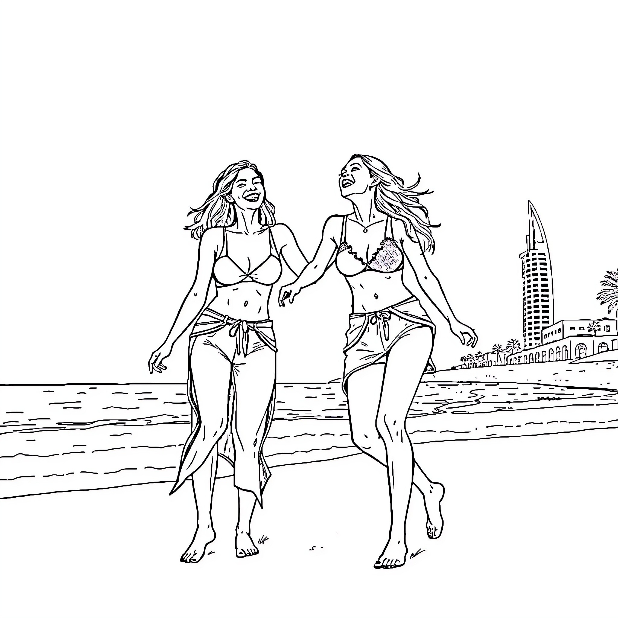 Friends enjoying a day at the beach Coloring Page (free black-and-white line drawing printable PDF for all, from beginners to advanced learners, including children, teens, adults, and seniors)