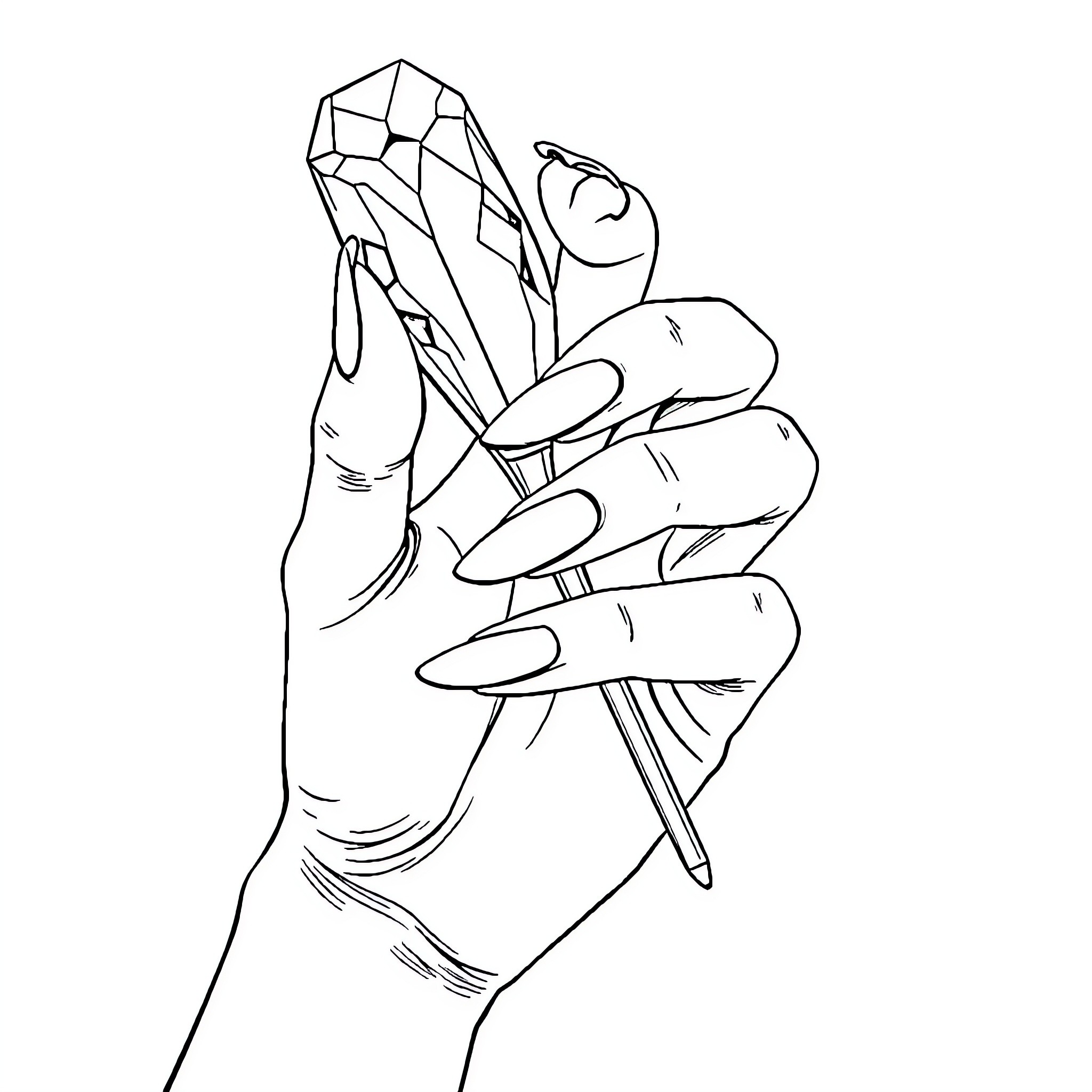 Hand grasping a crystalline object Coloring Page (free black-and-white line drawing printable PDF for all, from beginners to advanced learners, including children, teens, adults, and seniors)