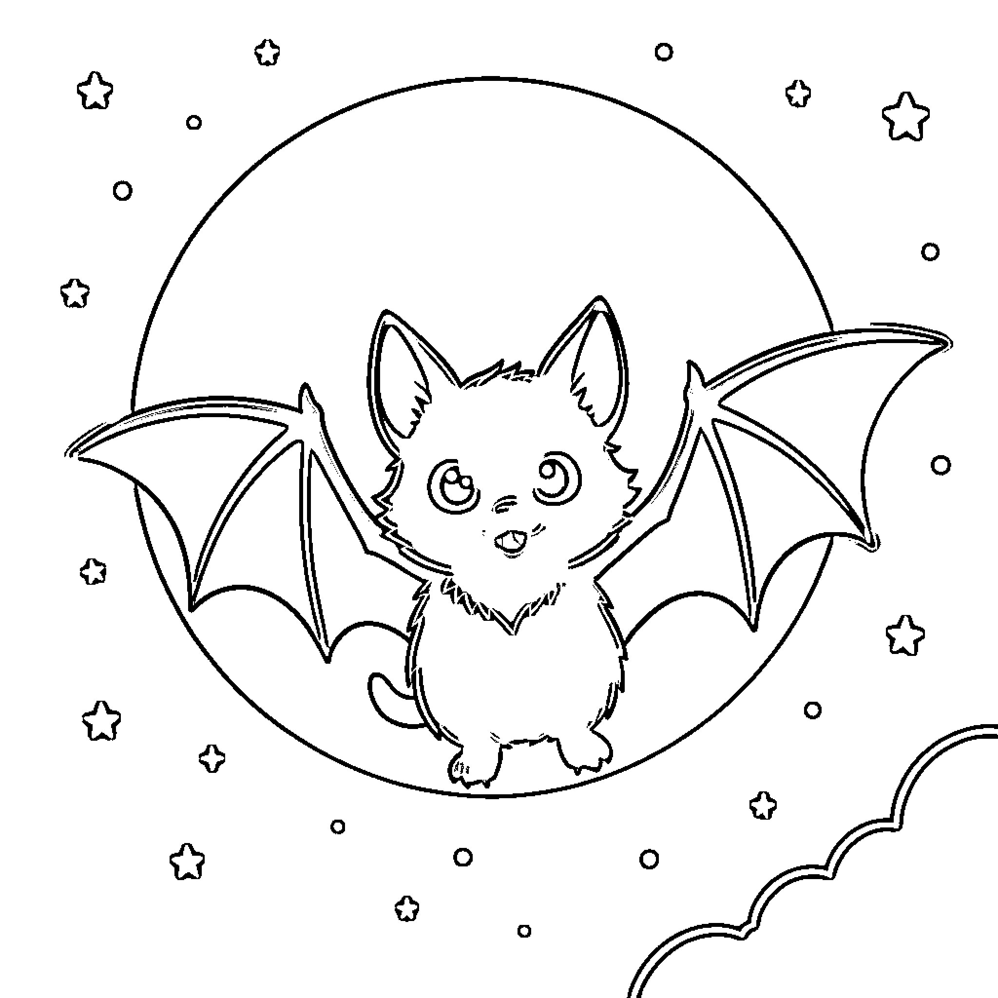 Bat flying happily in the starry night Coloring Page (free black-and-white line drawing printable PDF for all, from beginners to advanced learners, including children, teens, adults, and seniors)