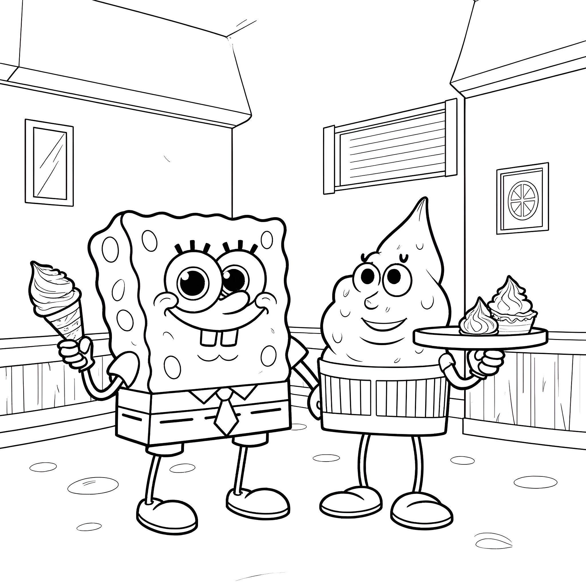 Spongebob and Patrick enjoying ice cream together Coloring Page (free black-and-white line drawing printable PDF for all, from beginners to advanced learners, including children, teens, adults, and seniors)