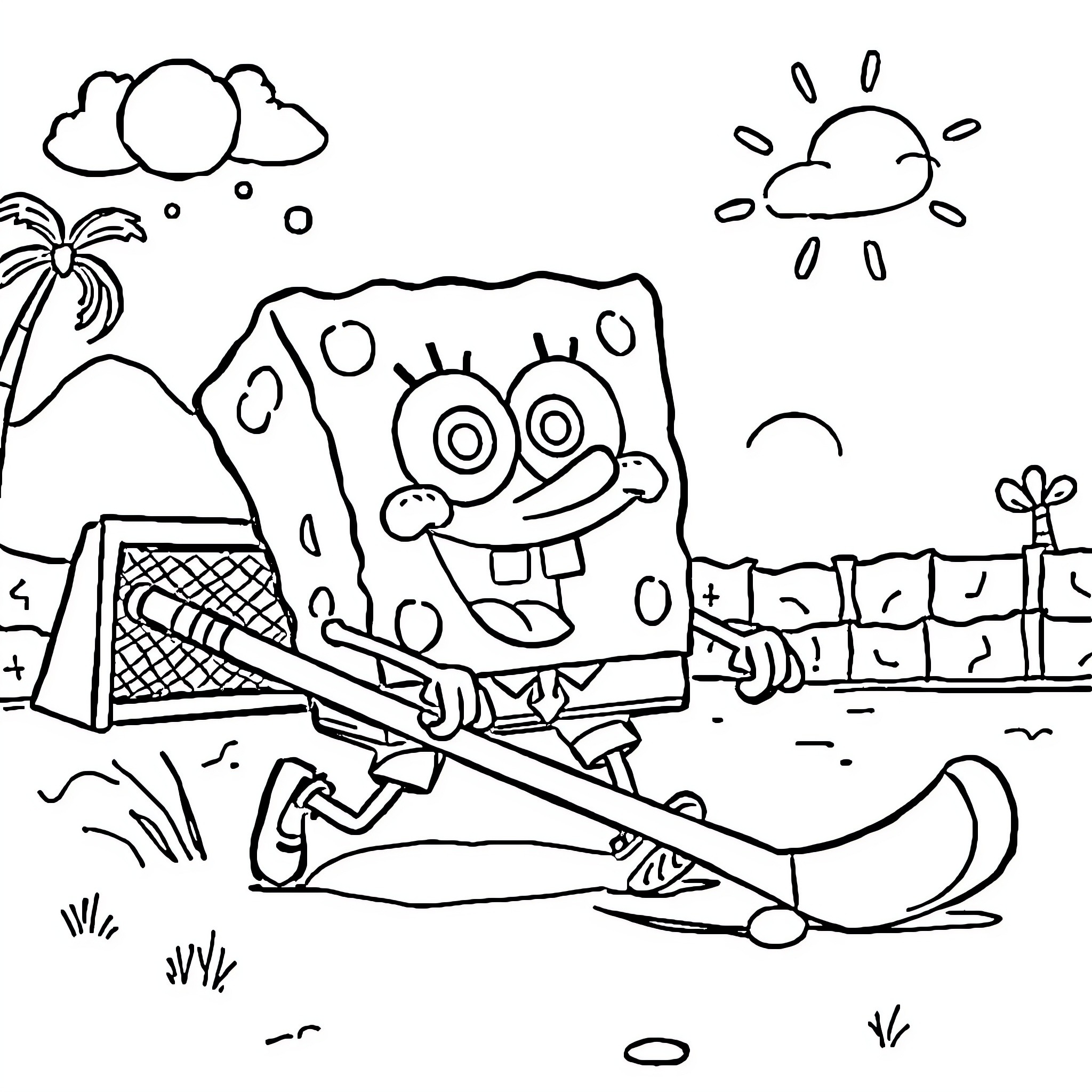 Spongebob's beachside adventure Coloring Page (free black-and-white line drawing printable PDF for all, from beginners to advanced learners, including children, teens, adults, and seniors)