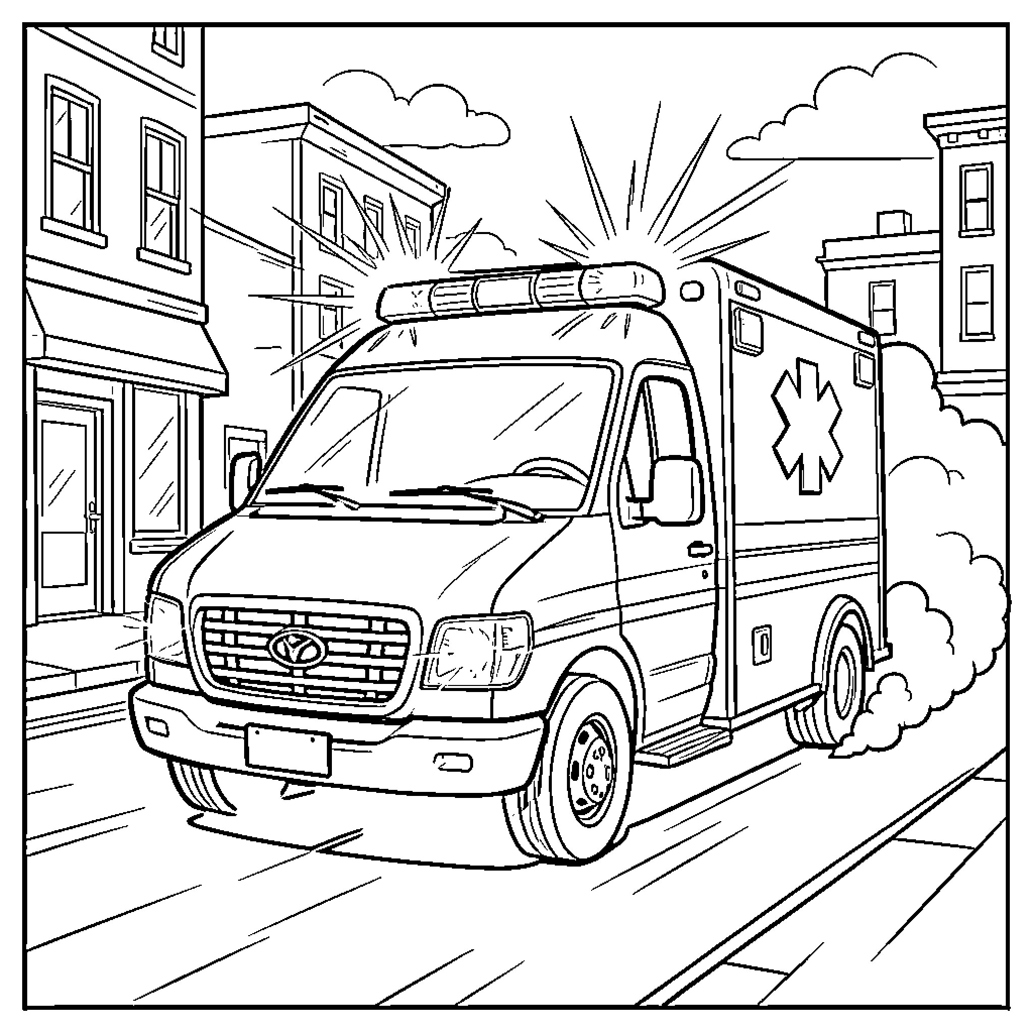 Ambulance driving quickly through a city street Coloring Page (free black-and-white line drawing printable PDF for all, from beginners to advanced learners, including children, teens, adults, and seniors)