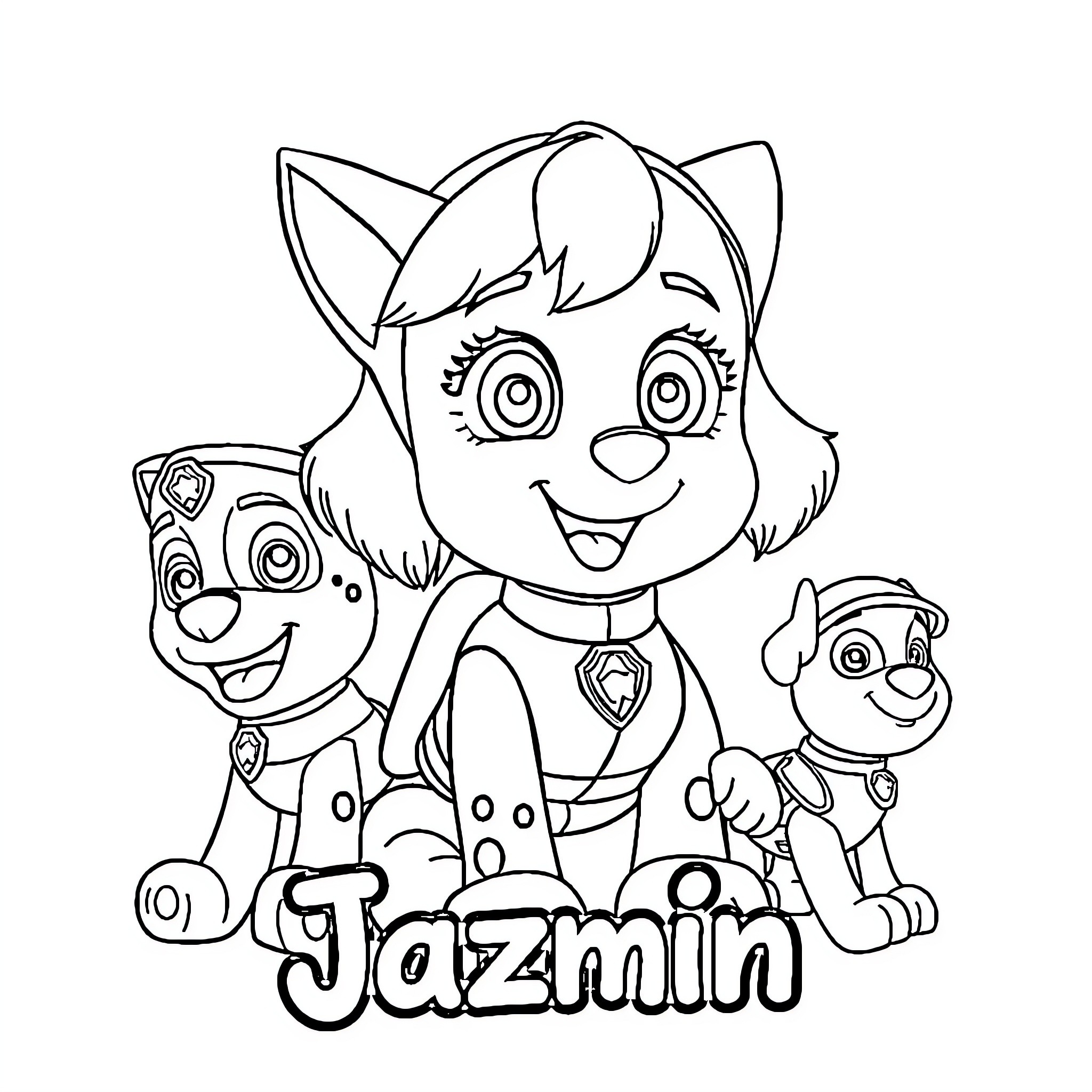 Paw Patrol characters in action poses Coloring Page (free black-and-white line drawing printable PDF for all, from beginners to advanced learners, including children, teens, adults, and seniors)