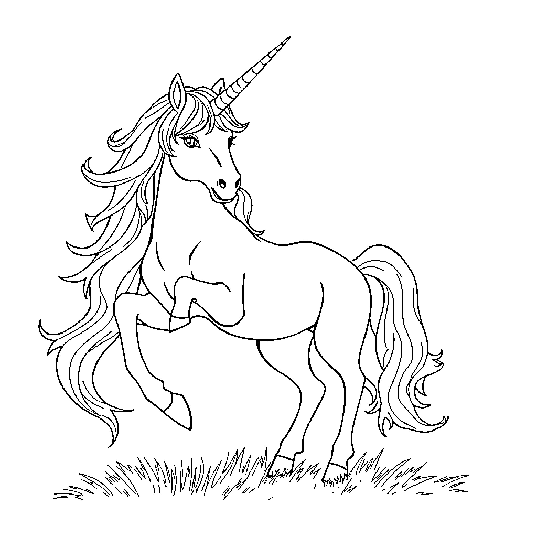 Unicorn prancing gracefully in a field Coloring Page (free black-and-white line drawing printable PDF for all, from beginners to advanced learners, including children, teens, adults, and seniors)