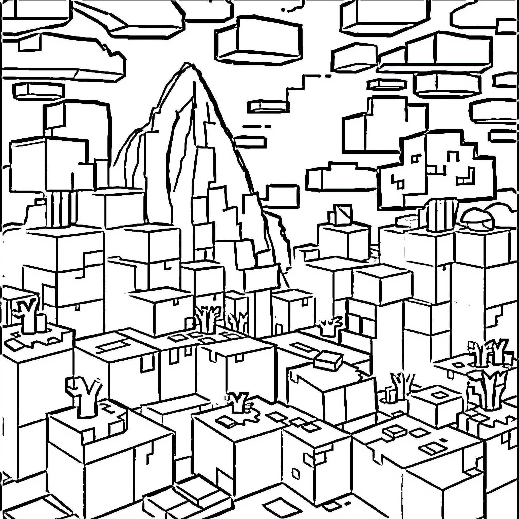 Minecraft Urban Landscape with Geometric Structures Coloring Page (free black-and-white line drawing printable PDF for all, from beginners to advanced learners, including children, teens, adults, and seniors)