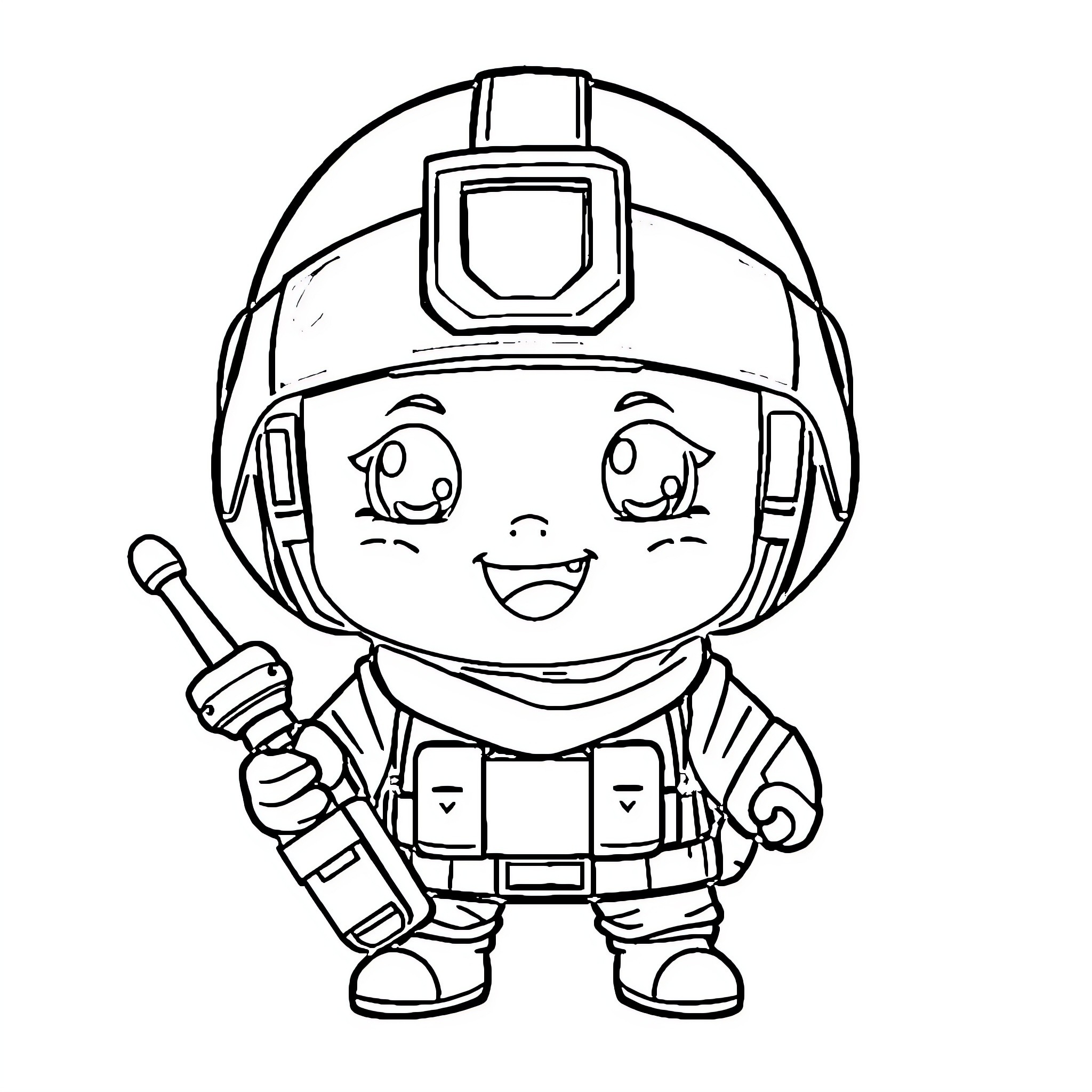 Soldier in cartoon-style uniform with tool Coloring Page (free black-and-white line drawing printable PDF for all, from beginners to advanced learners, including children, teens, adults, and seniors)