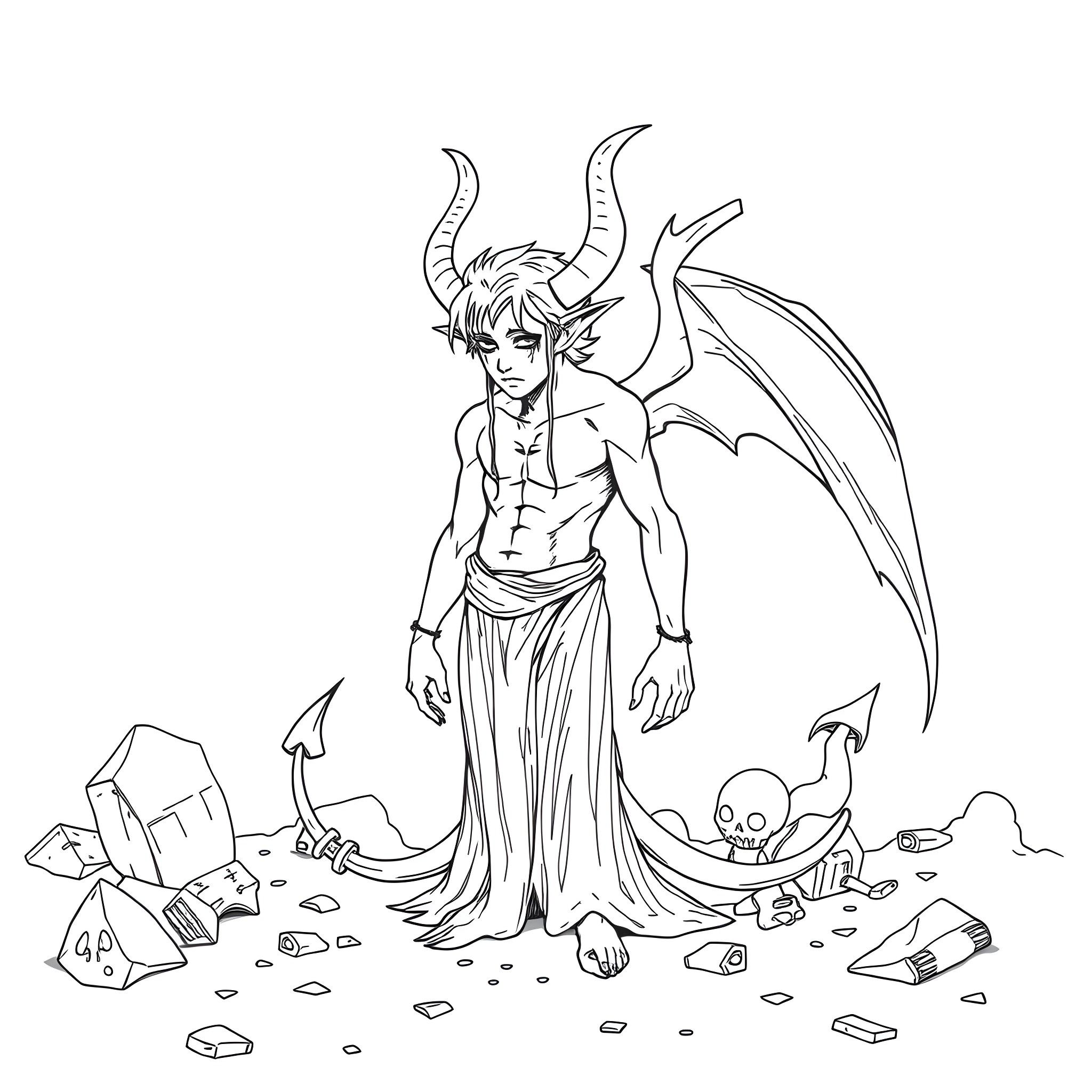 Lucifer, the Fallen Angel, Stands Amidst Ruins Coloring Page (free black-and-white line drawing printable PDF for all, from beginners to advanced learners, including children, teens, adults, and seniors)