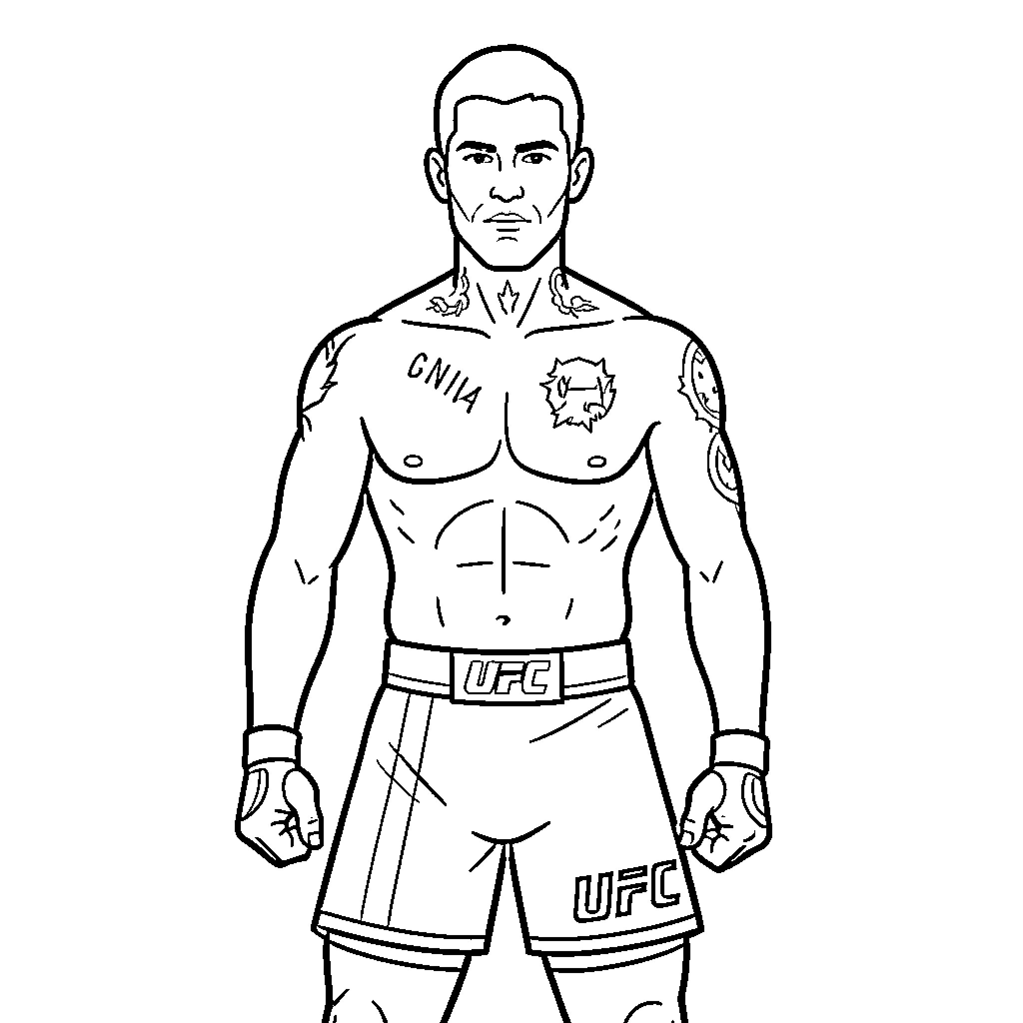 Flat Line Art of a Muscular Fighter in UFC Gear Coloring Page (free black-and-white line drawing printable PDF for all, from beginners to advanced learners, including children, teens, adults, and seniors)