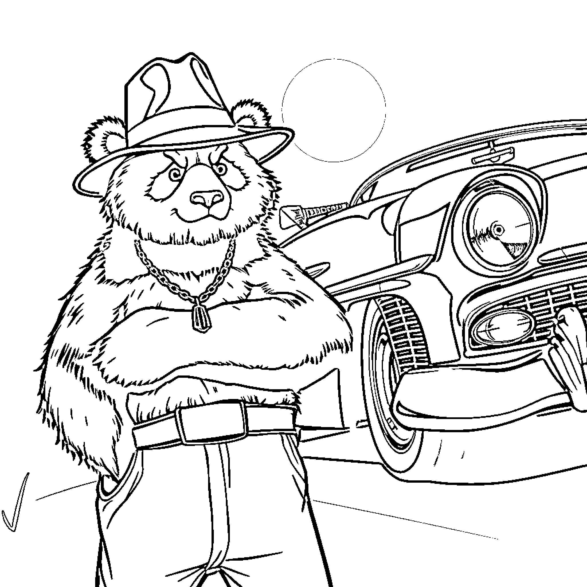 Panda Explorer Gazing at Retro Car Coloring Page (free black-and-white line drawing printable PDF for all, from beginners to advanced learners, including children, teens, adults, and seniors)