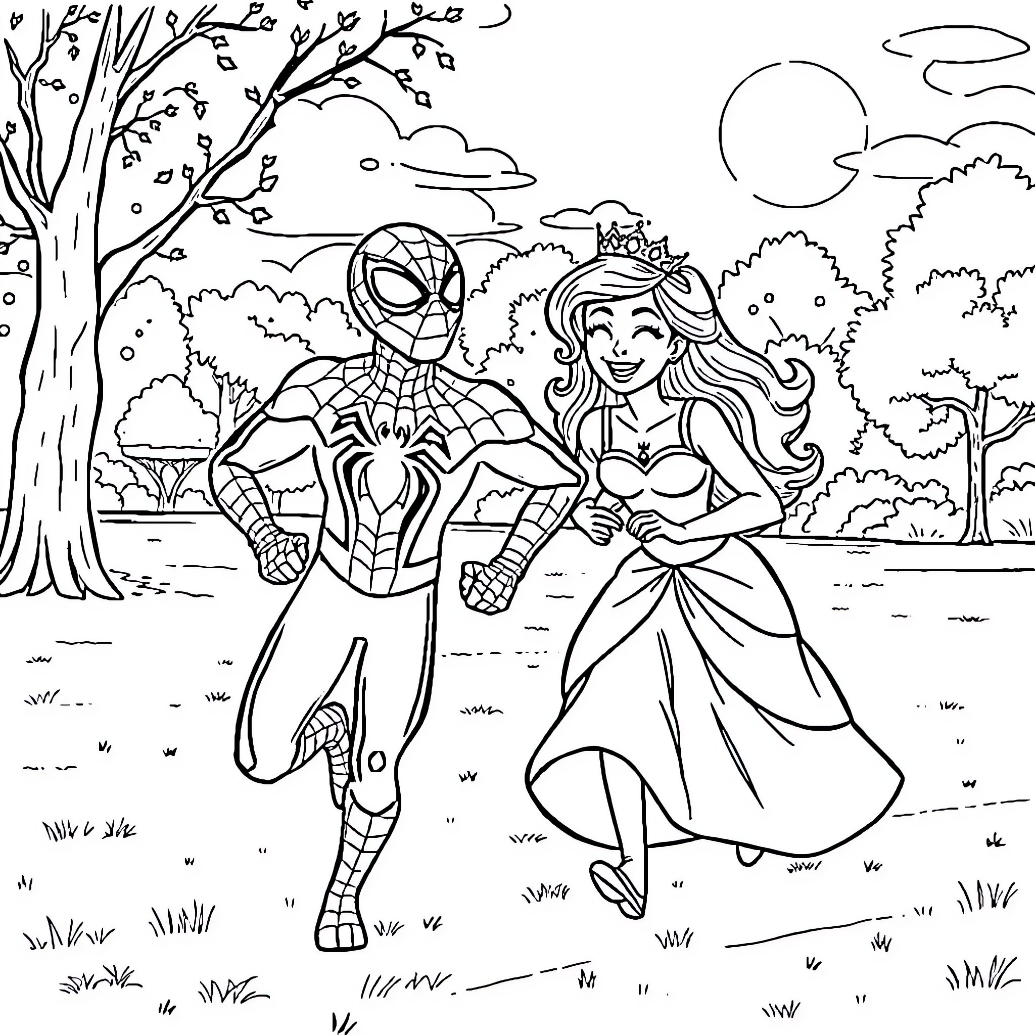Spider-Man and Princess Enjoying Outdoor Scene Coloring Page (free black-and-white line drawing printable PDF for all, from beginners to advanced learners, including children, teens, adults, and seniors)