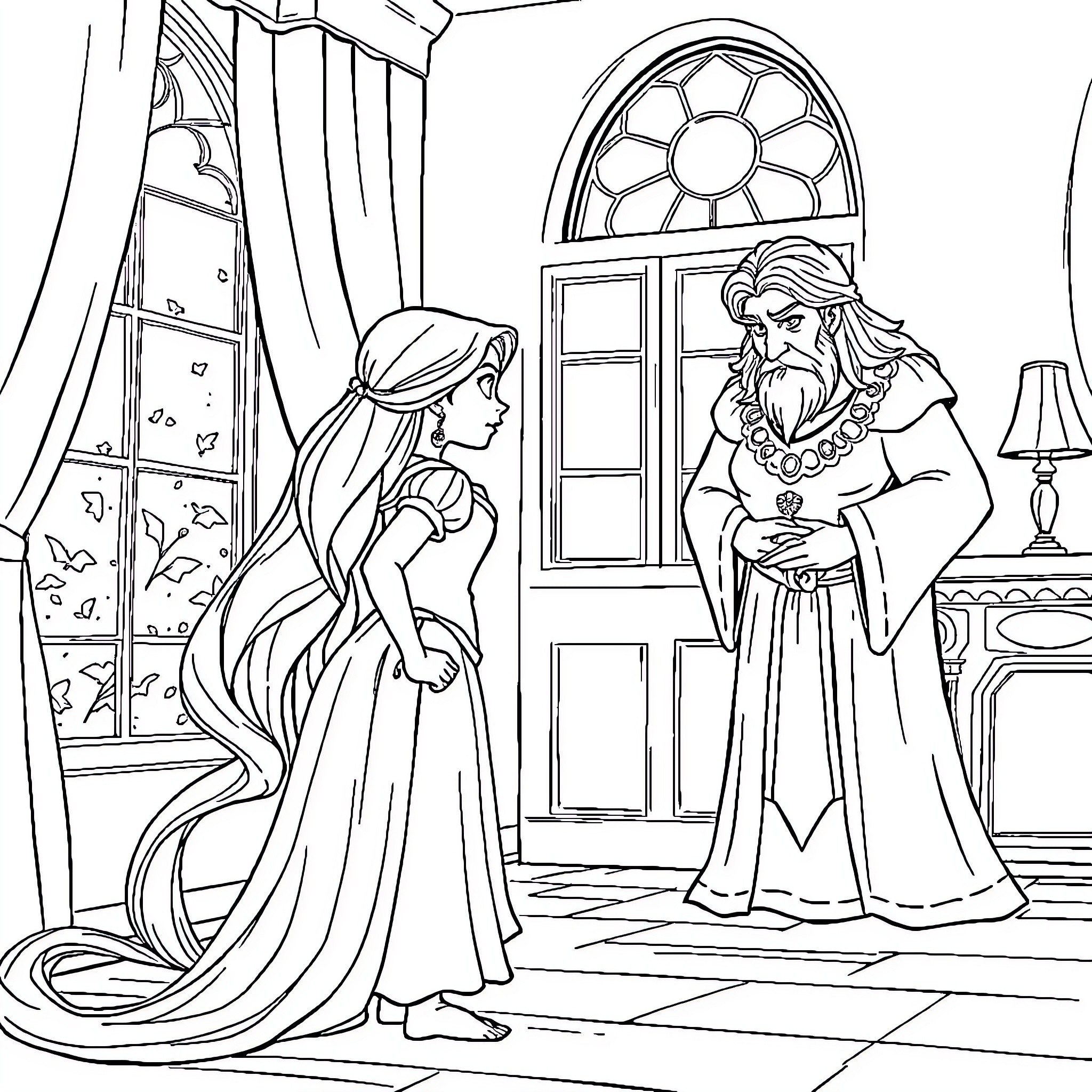 Rapunzel's Encounter with the Wise Old Wizard Coloring Page (free black-and-white line drawing printable PDF for all, from beginners to advanced learners, including children, teens, adults, and seniors)