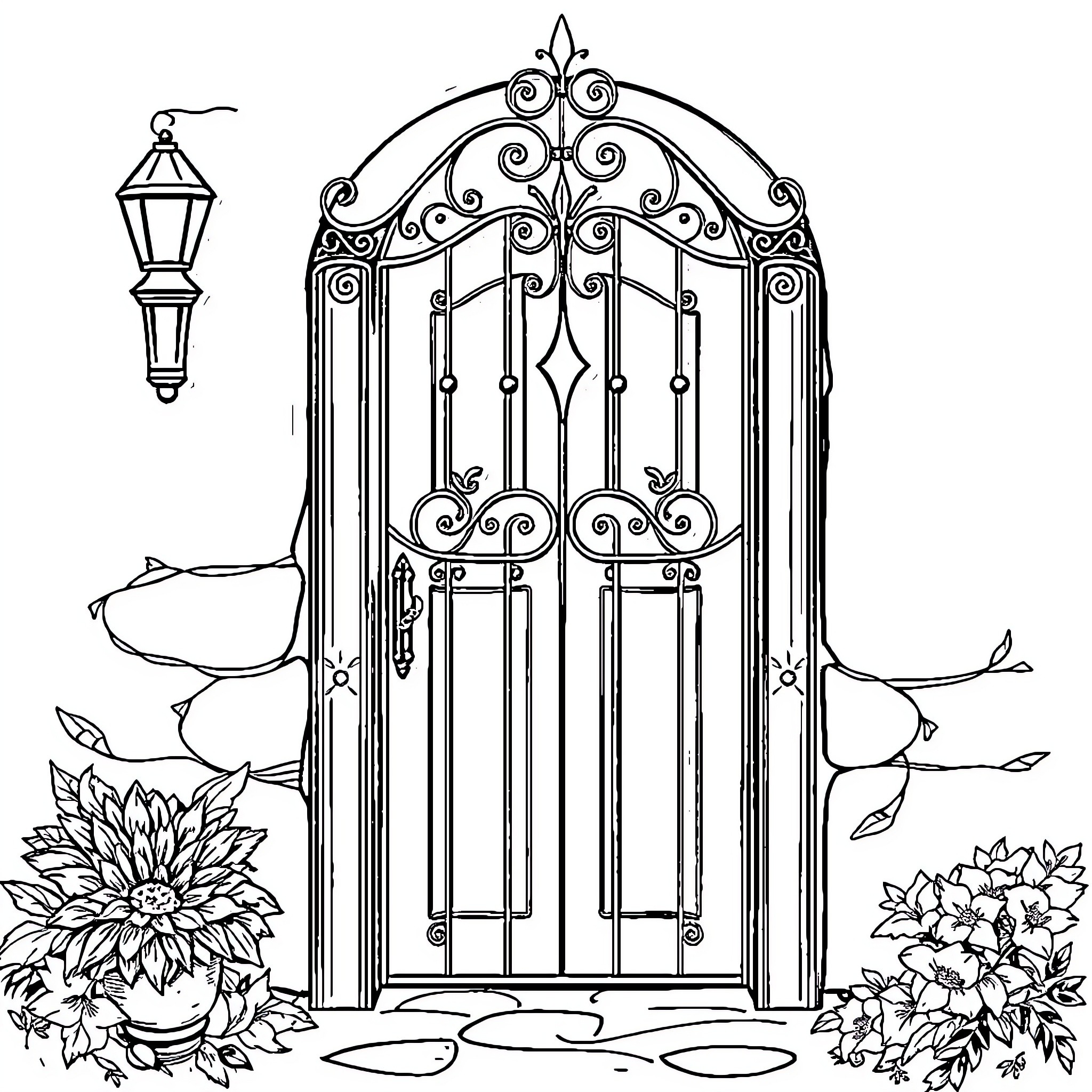Reja's Ornate Garden Gate with Blooms Coloring Page (free black-and-white line drawing printable PDF for all, from beginners to advanced learners, including children, teens, adults, and seniors)