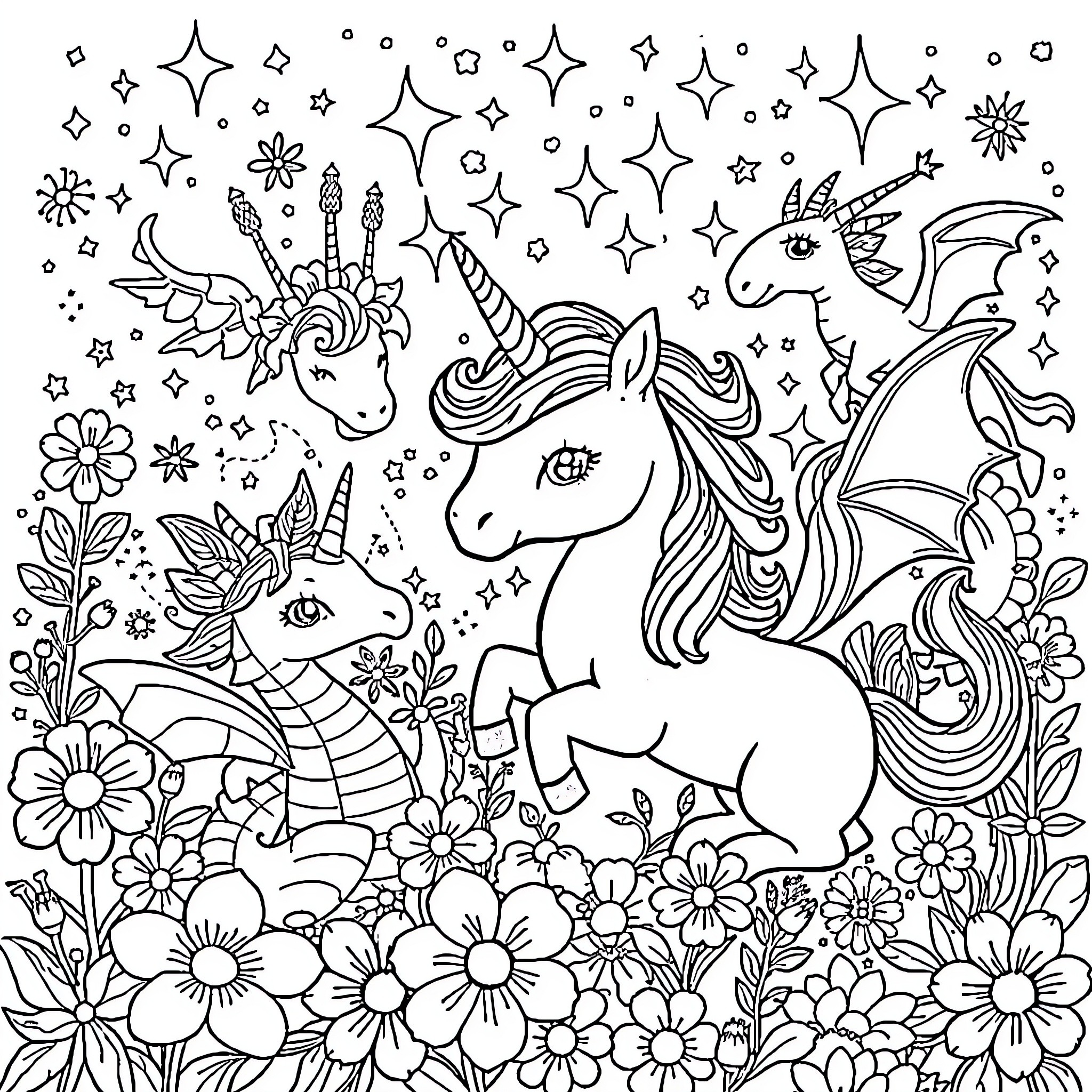 Fantasy Animal Unicorns Playing in Enchanted Flower Garden Coloring Page (free black-and-white line drawing printable PDF for all, from beginners to advanced learners, including children, teens, adults, and seniors)