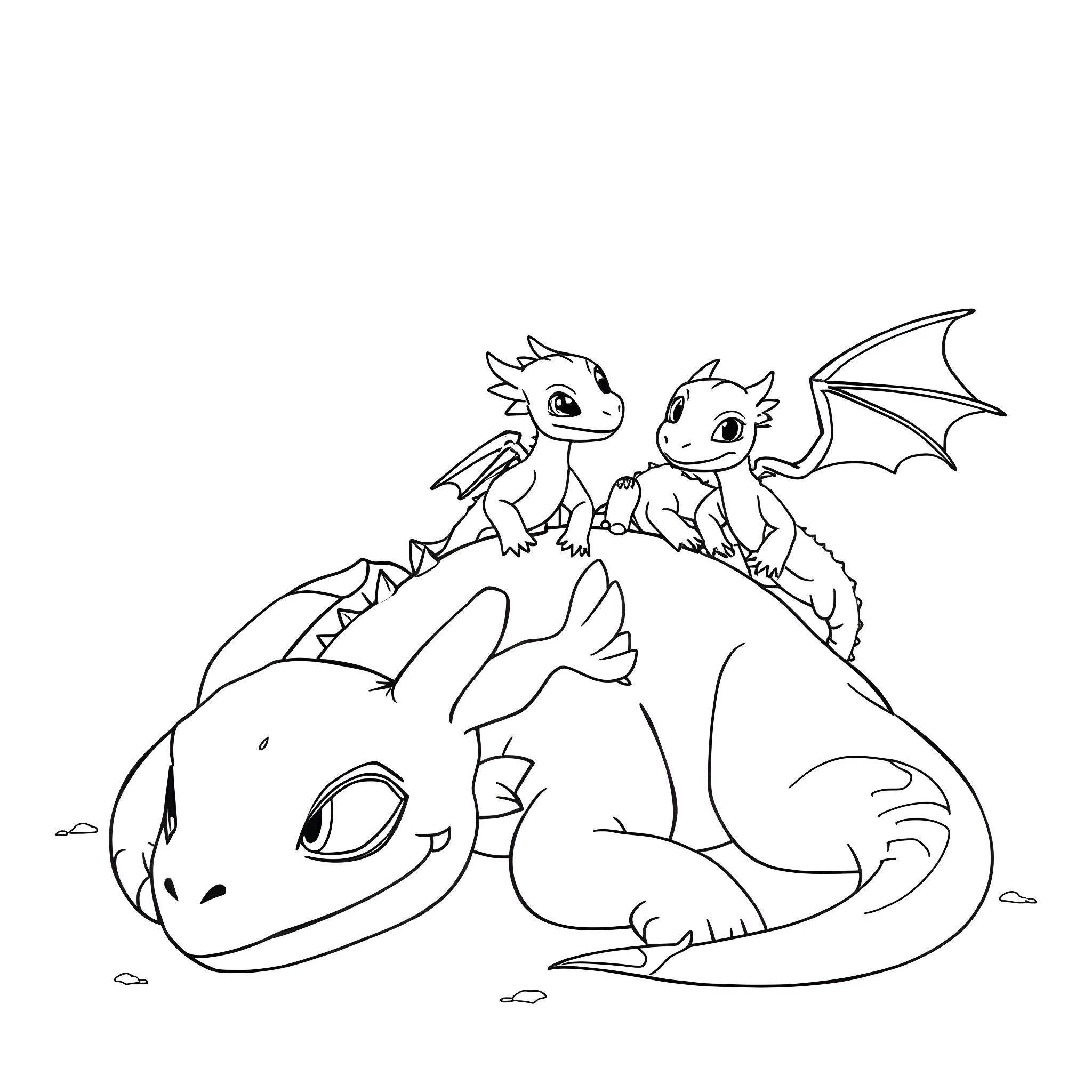 Toothless and dragon friends playing together Coloring Page (free black-and-white line drawing printable PDF for all, from beginners to advanced learners, including children, teens, adults, and seniors)