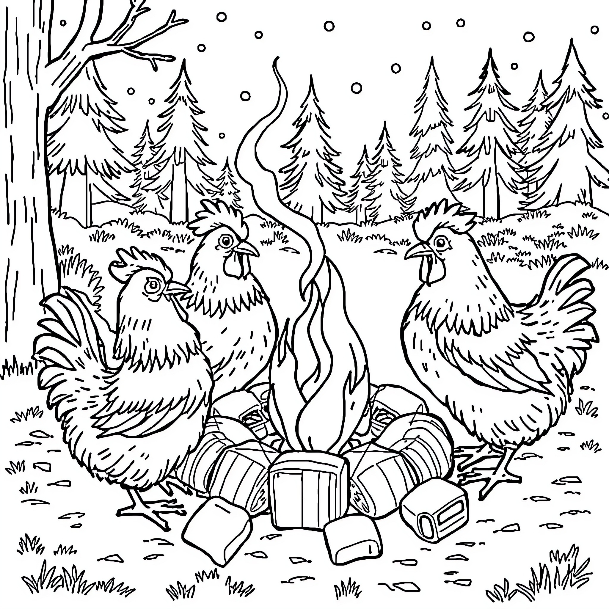 Chicken friends exploring winter wonderland Coloring Page (free black-and-white line drawing printable PDF for all, from beginners to advanced learners, including children, teens, adults, and seniors)