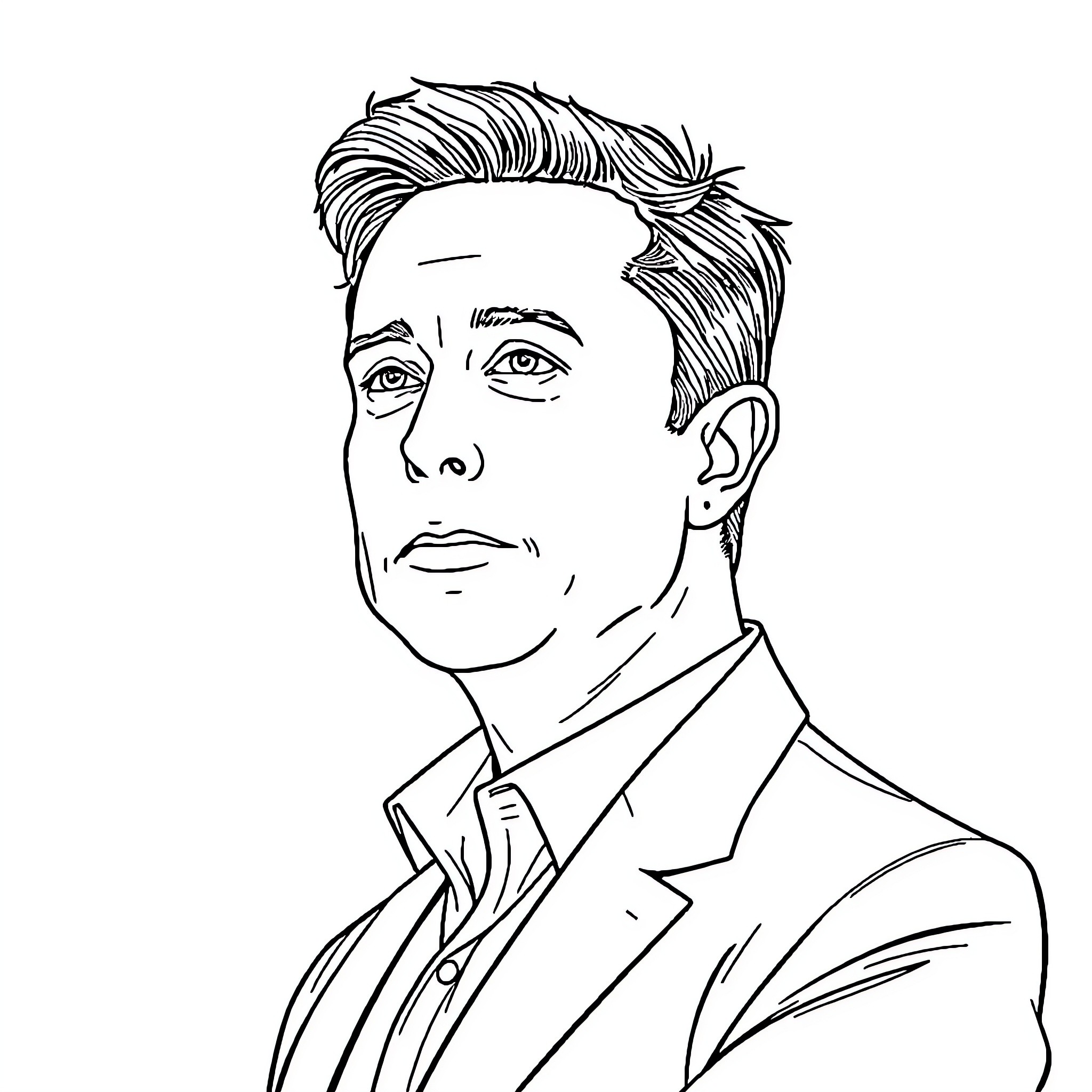 Elon Musk in a formal suit and focused expression Coloring Page (free black-and-white line drawing printable PDF for all, from beginners to advanced learners, including children, teens, adults, and seniors)