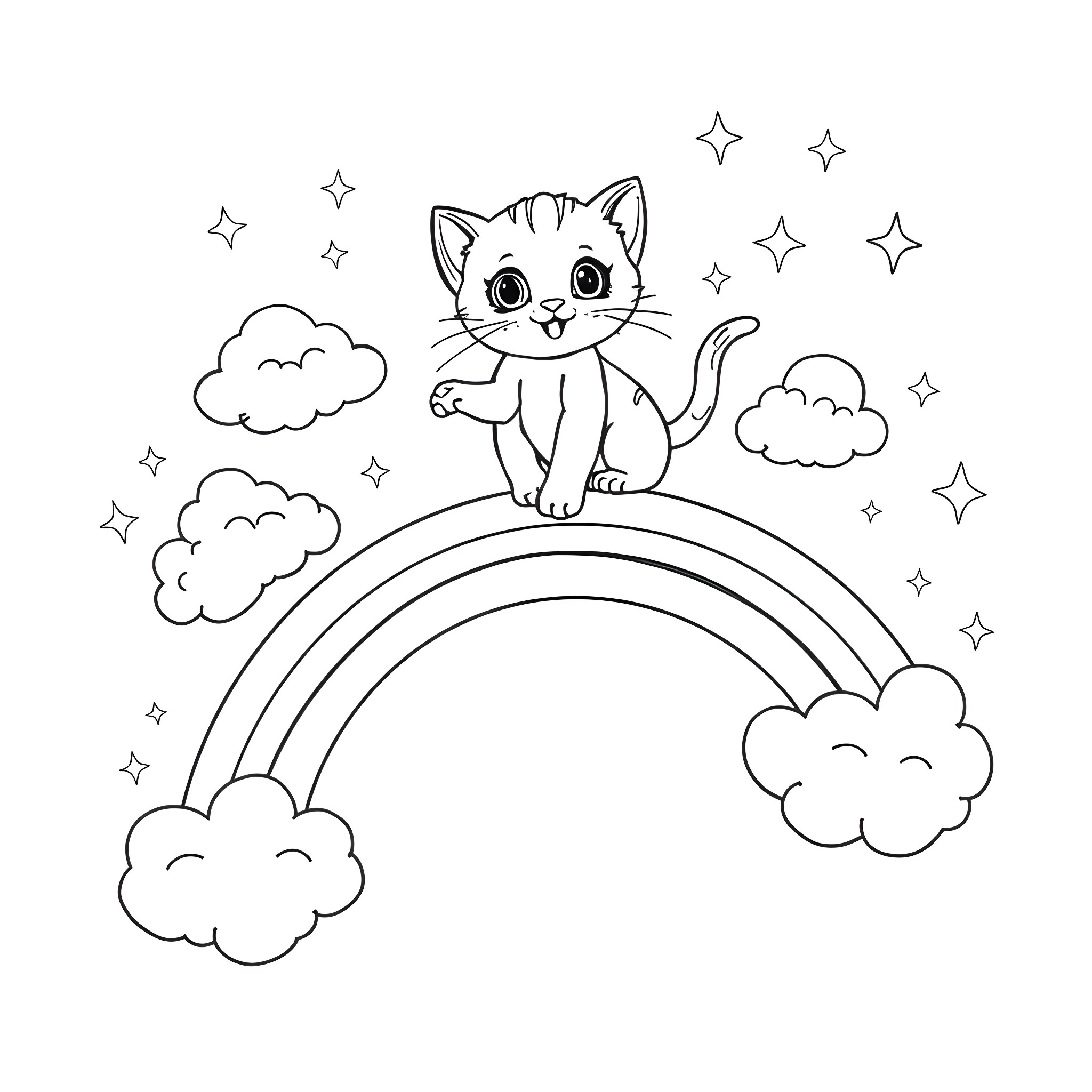 Kitten playing happily on a rainbow with clouds Coloring Page (free black-and-white line drawing printable PDF for all, from beginners to advanced learners, including children, teens, adults, and seniors)