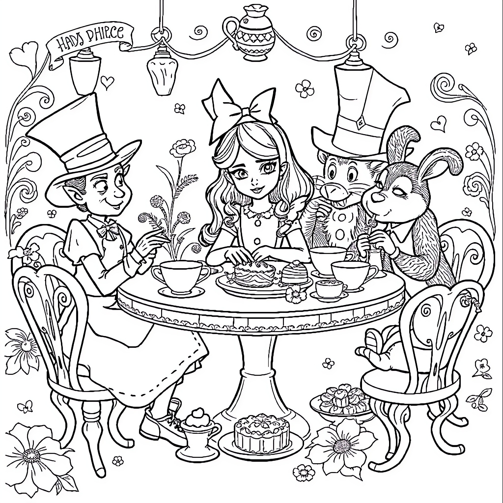 Alice's Enchanted Tea Party with Friendly Animals Coloring Page (free black-and-white line drawing printable PDF for all, from beginners to advanced learners, including children, teens, adults, and seniors)