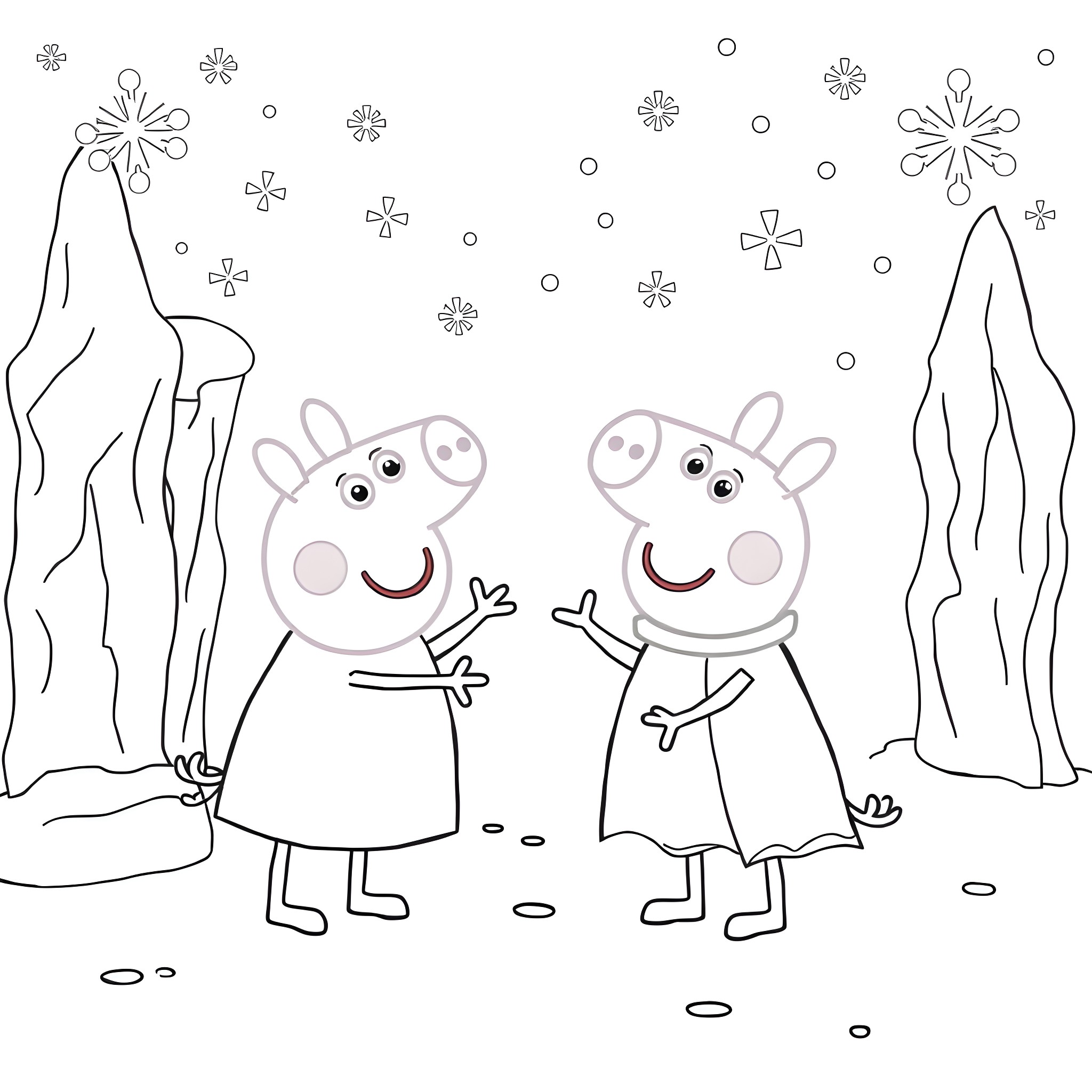 Peppa Pig and friends explore a snowy wonderland Coloring Page (free black-and-white line drawing printable PDF for all, from beginners to advanced learners, including children, teens, adults, and seniors)