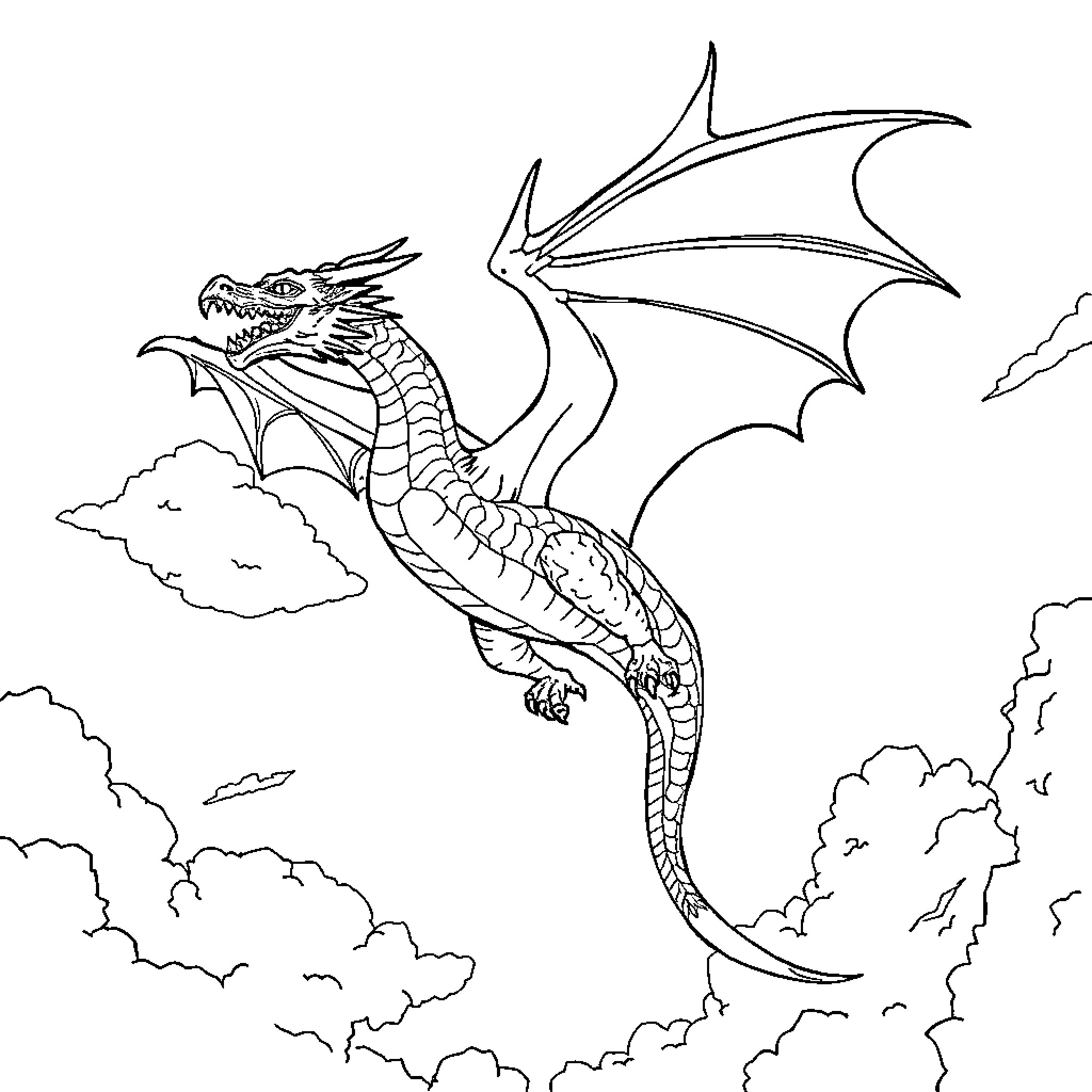 Dragon soaring through the cloudy skies Coloring Page (free black-and-white line drawing printable PDF for all, from beginners to advanced learners, including children, teens, adults, and seniors)