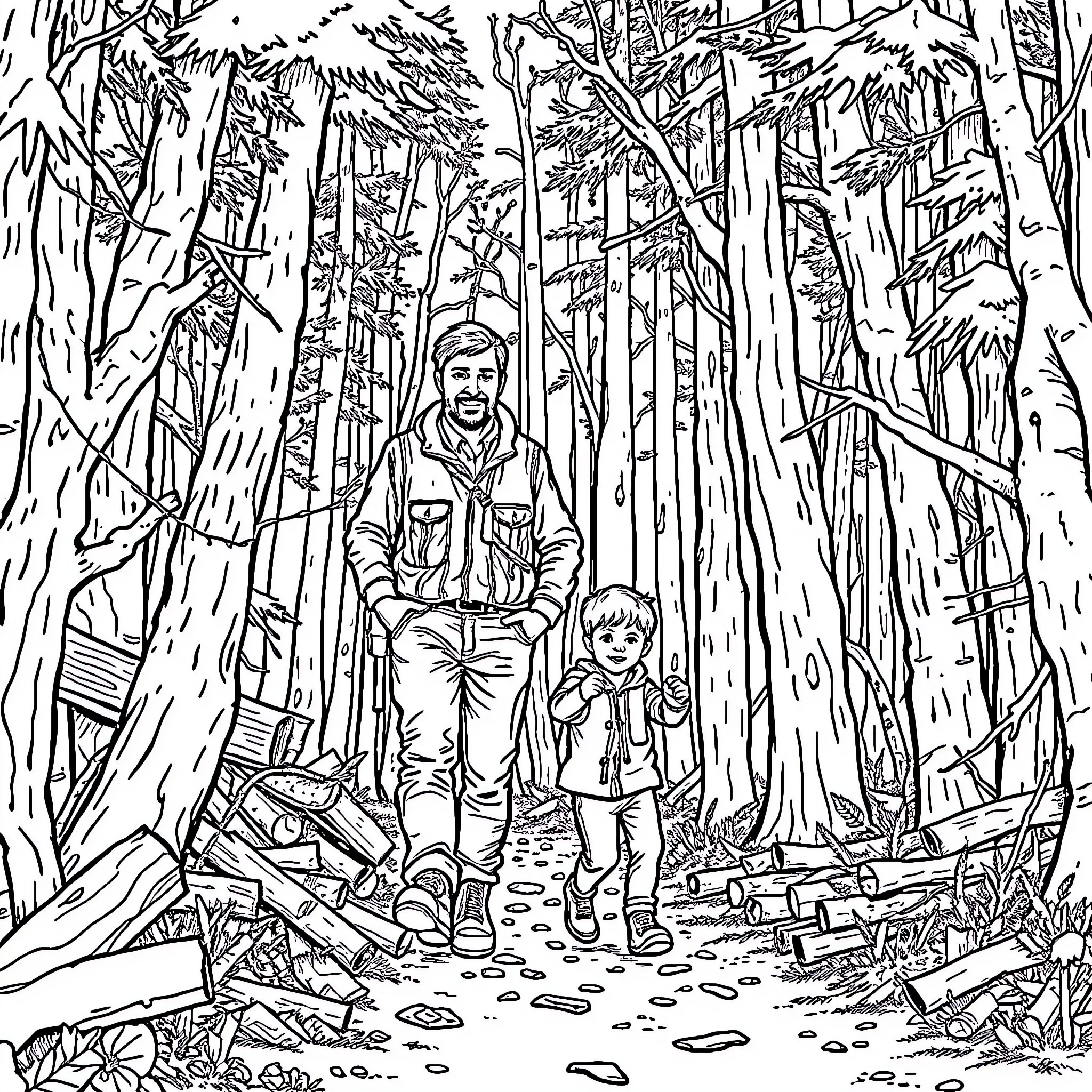 Dad and child exploring the dense forest Coloring Page (free black-and-white line drawing printable PDF for all, from beginners to advanced learners, including children, teens, adults, and seniors)