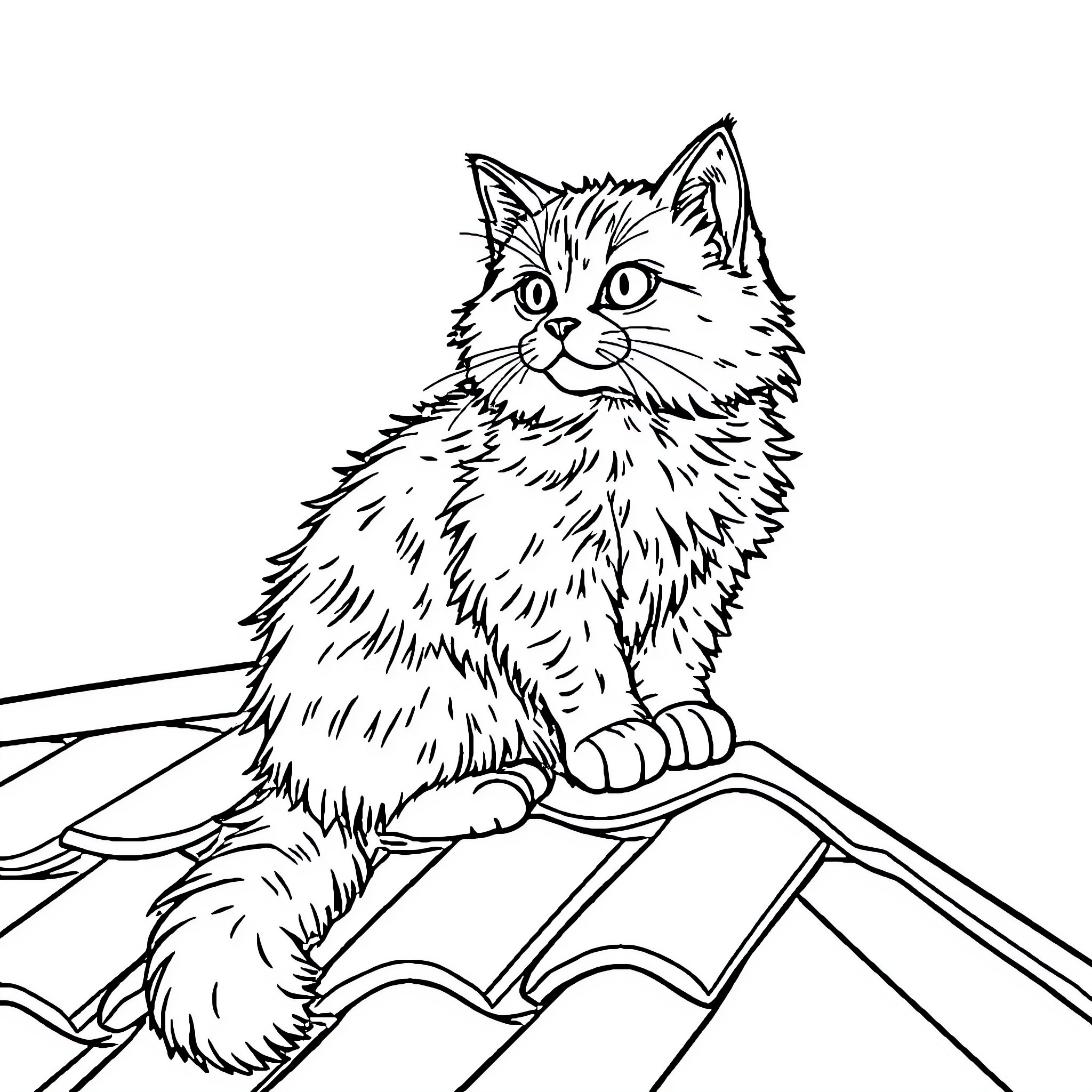 Cat perched on a roof Coloring Page (free black-and-white line drawing printable PDF for all, from beginners to advanced learners, including children, teens, adults, and seniors)