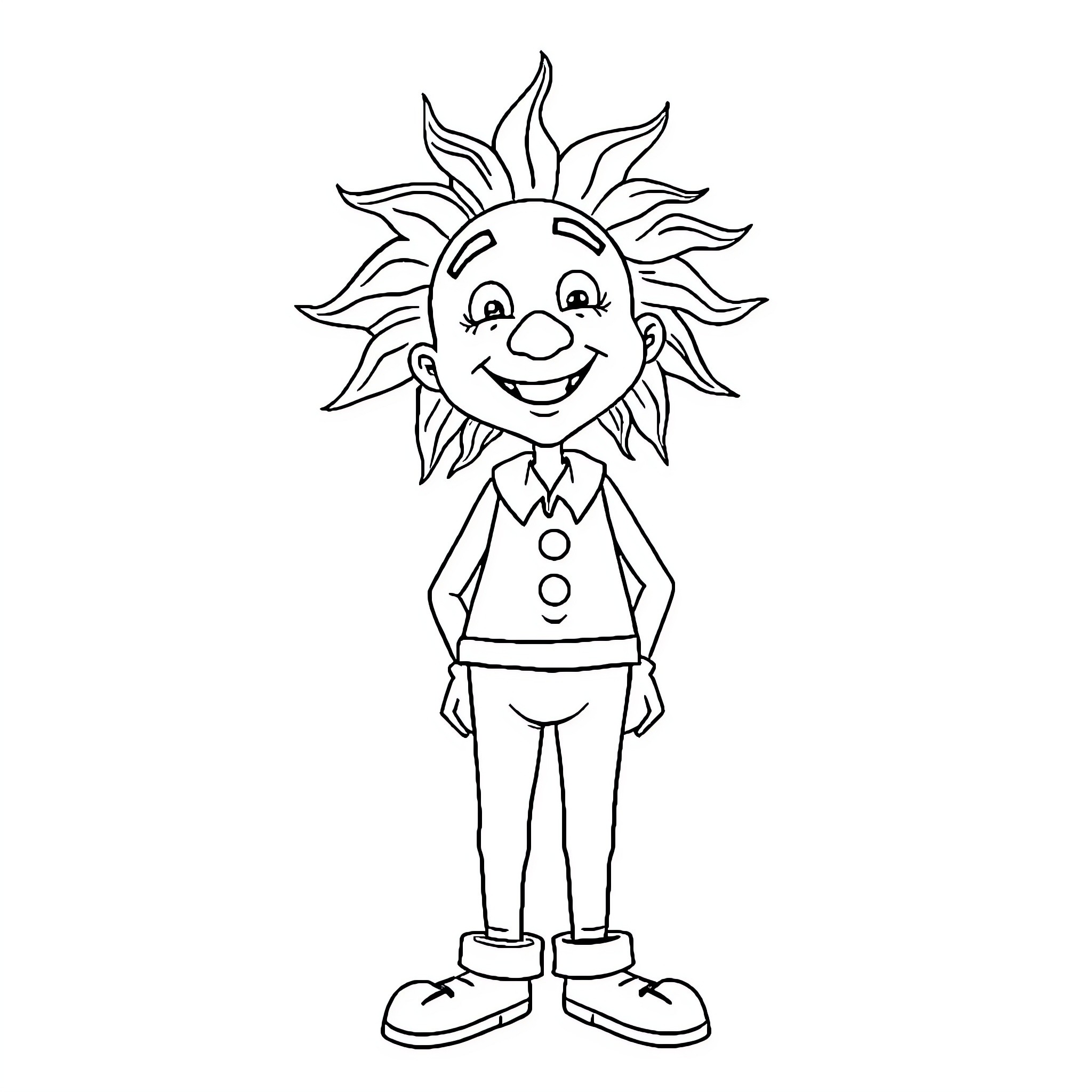 Ein Cheerful Sun Character with Smiling Expression Coloring Page (free black-and-white line drawing printable PDF for all, from beginners to advanced learners, including children, teens, adults, and seniors)