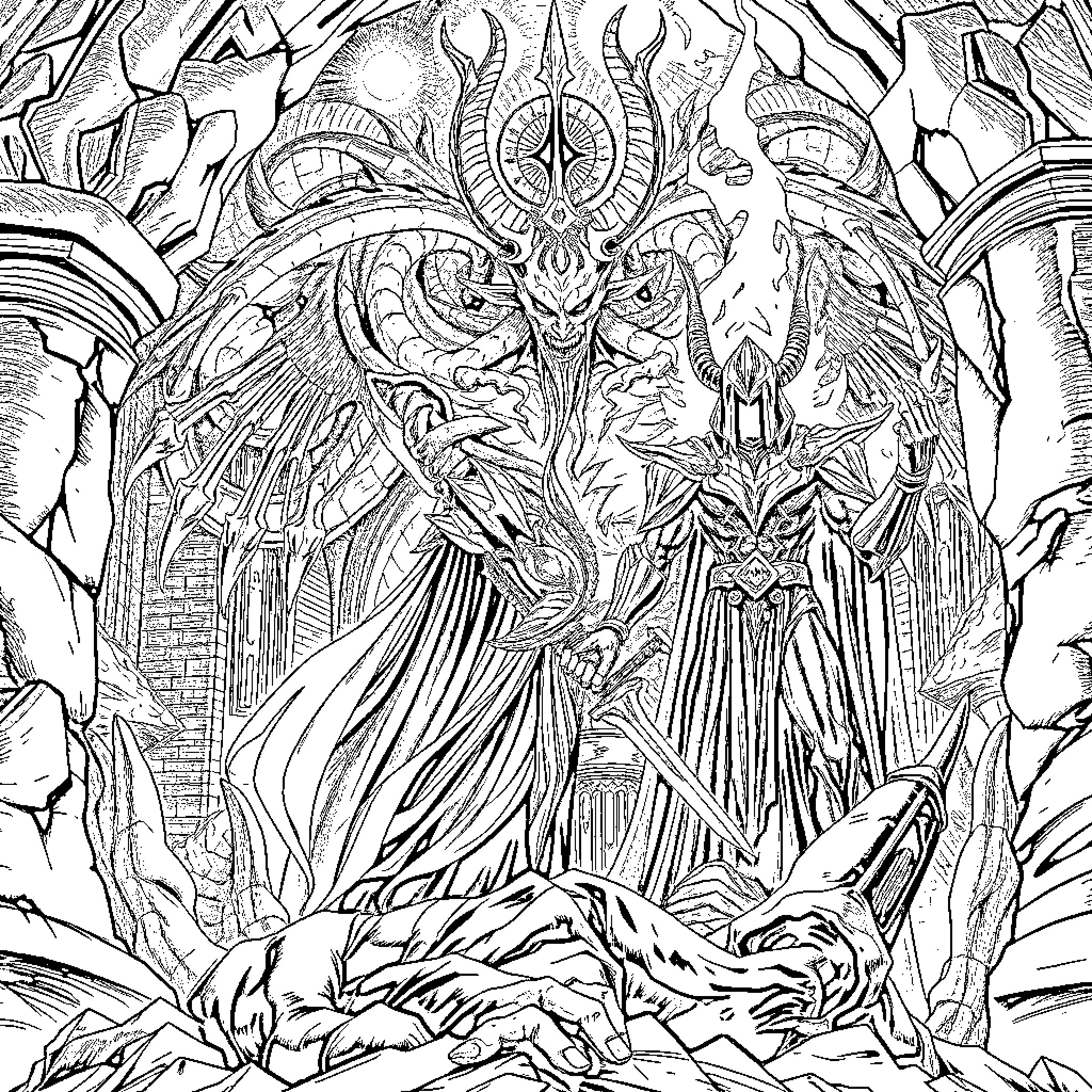 Raziel: Mystical Warrior's Enigmatic Ritual Coloring Page (free black-and-white line drawing printable PDF for all, from beginners to advanced learners, including children, teens, adults, and seniors)