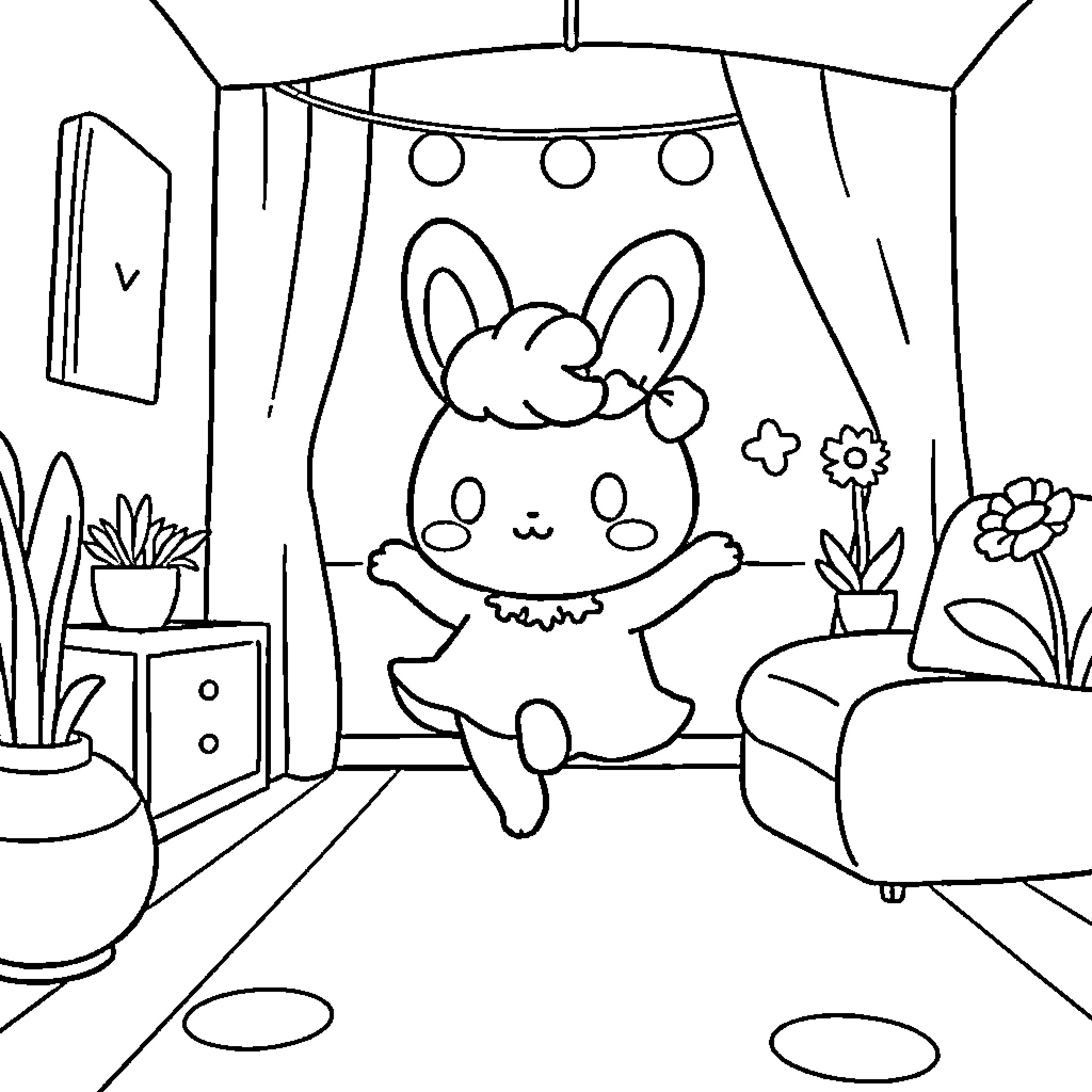 Cinnamoroll enjoying a cozy day at home Coloring Page (free black-and-white line drawing printable PDF for all, from beginners to advanced learners, including children, teens, adults, and seniors)