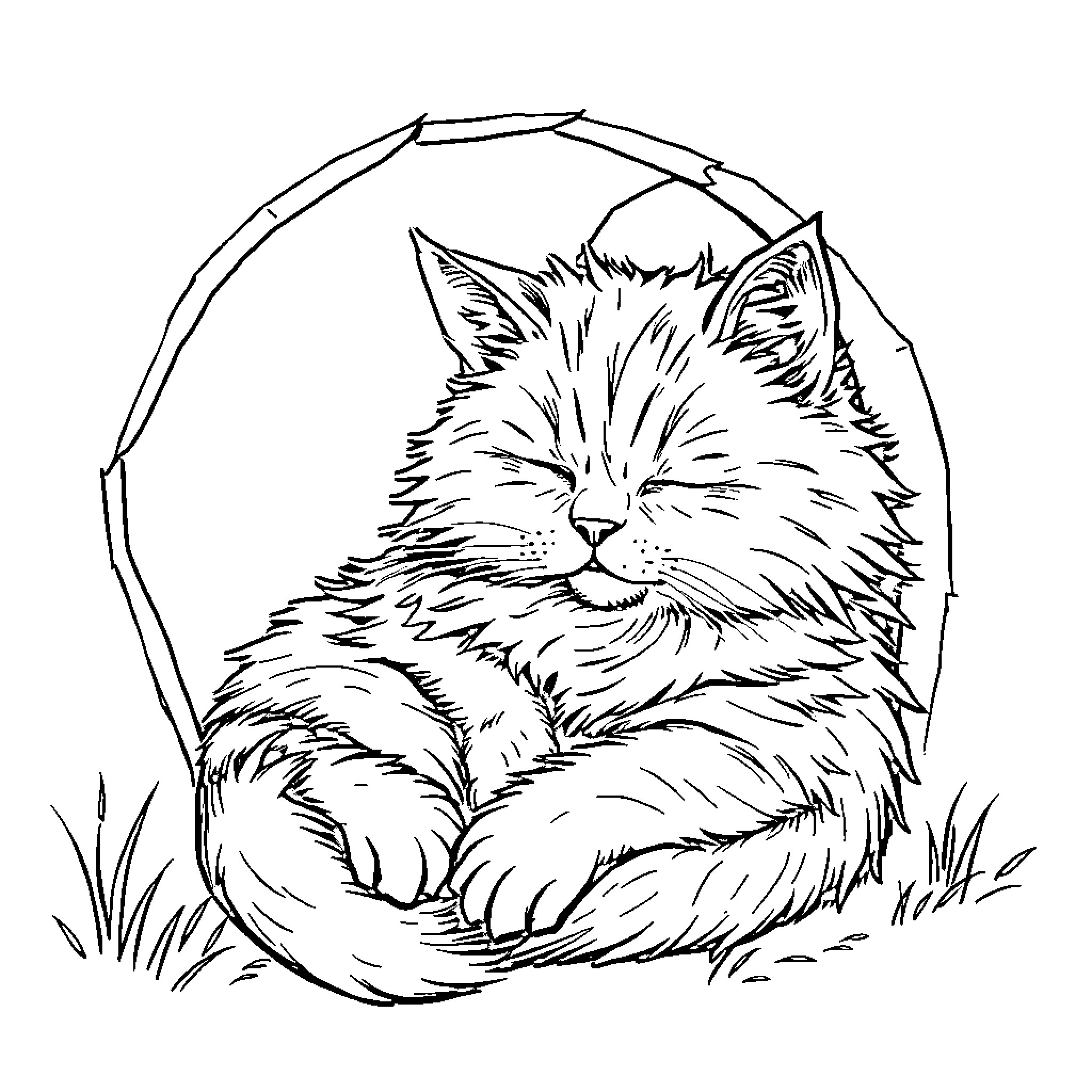 Cat resting in a grass-filled enclosure Coloring Page (free black-and-white line drawing printable PDF for all, from beginners to advanced learners, including children, teens, adults, and seniors)