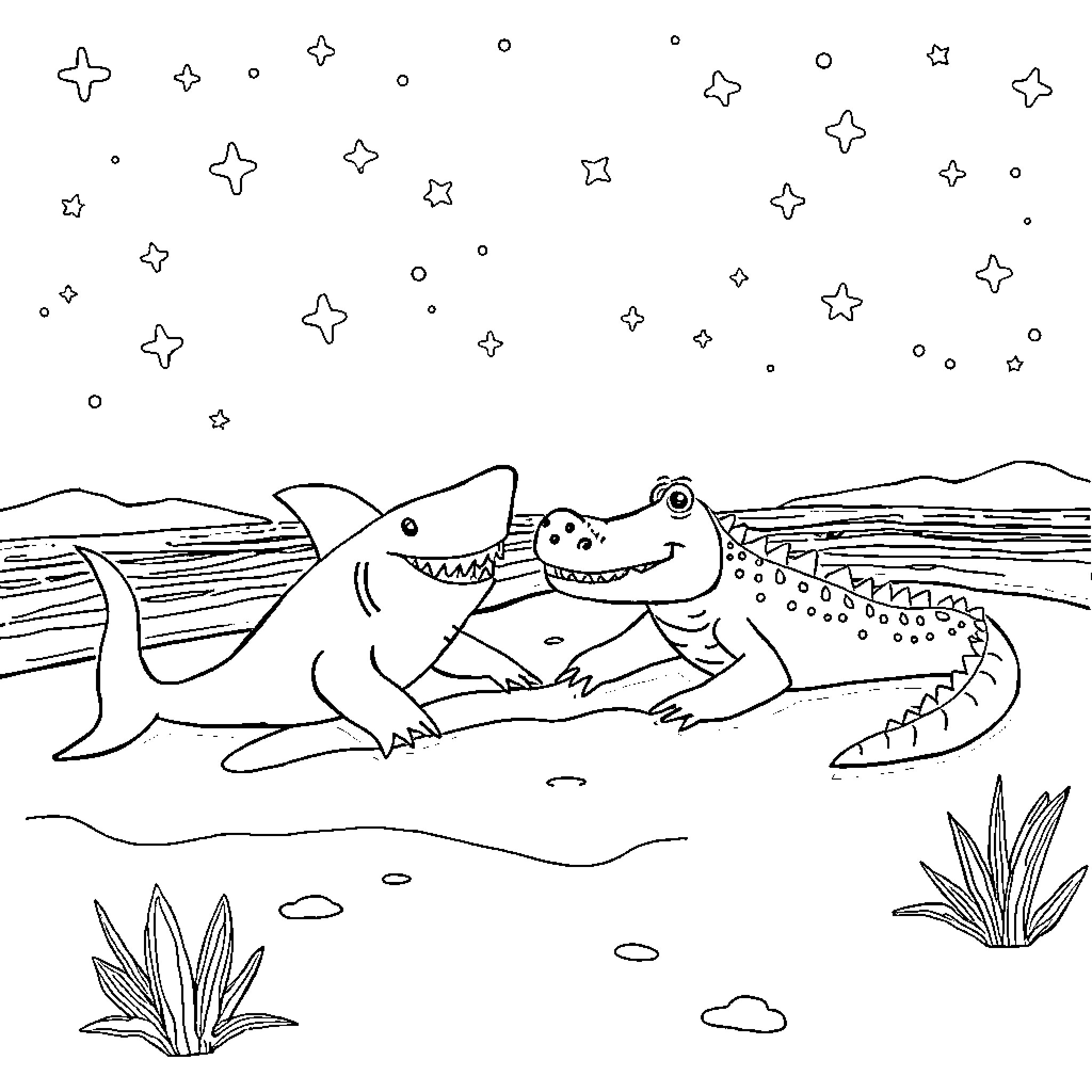 Shark and alligator relaxing under starry sky Coloring Page (free black-and-white line drawing printable PDF for all, from beginners to advanced learners, including children, teens, adults, and seniors)