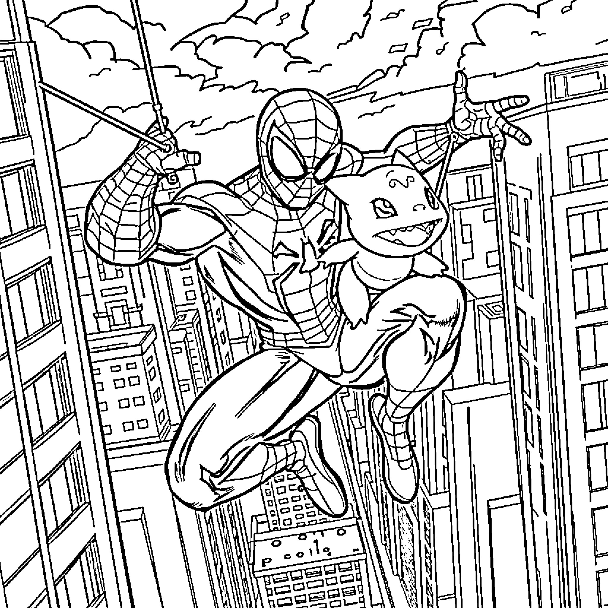 Spiderman swinging through the city with Pikachu Coloring Page (free black-and-white line drawing printable PDF for all, from beginners to advanced learners, including children, teens, adults, and seniors)