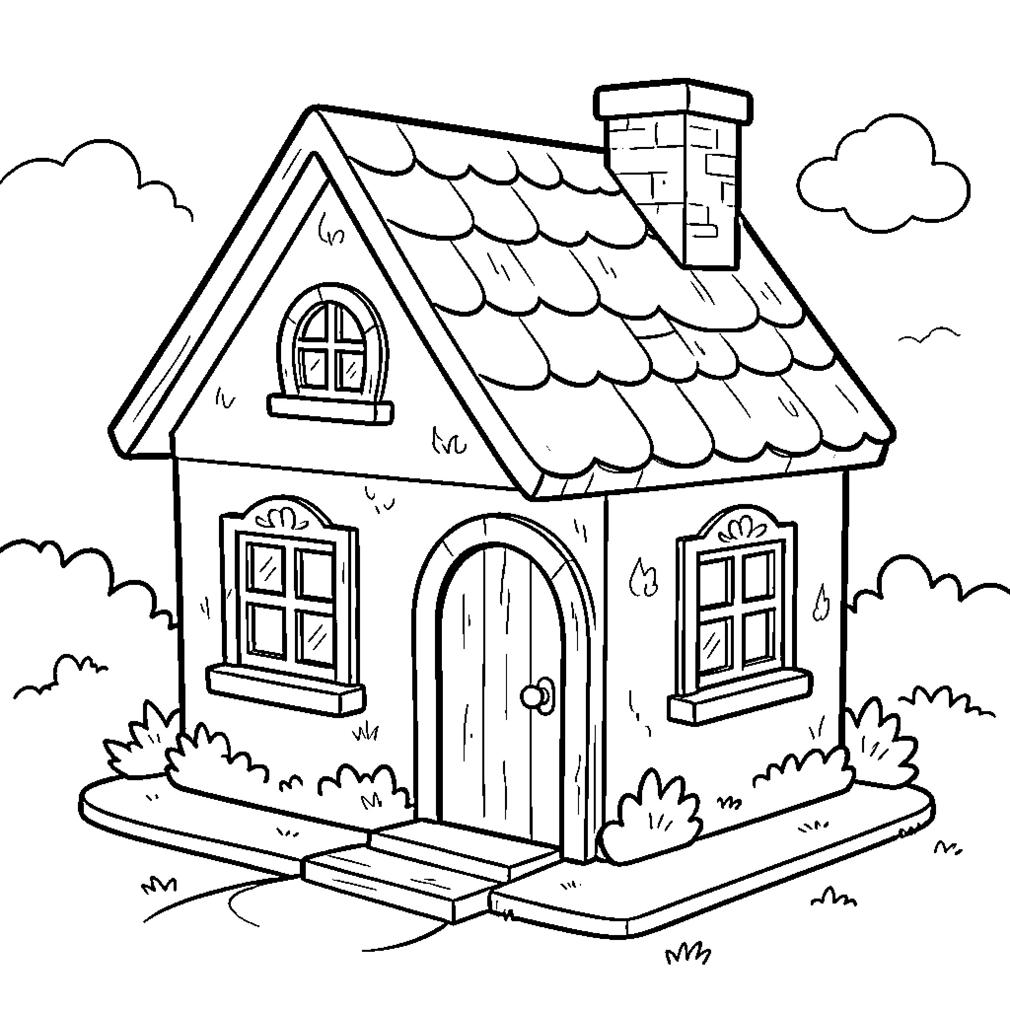 Cottage standing peacefully amidst small bushes and clouds Coloring Page (free black-and-white line drawing printable PDF for all, from beginners to advanced learners, including children, teens, adults, and seniors)