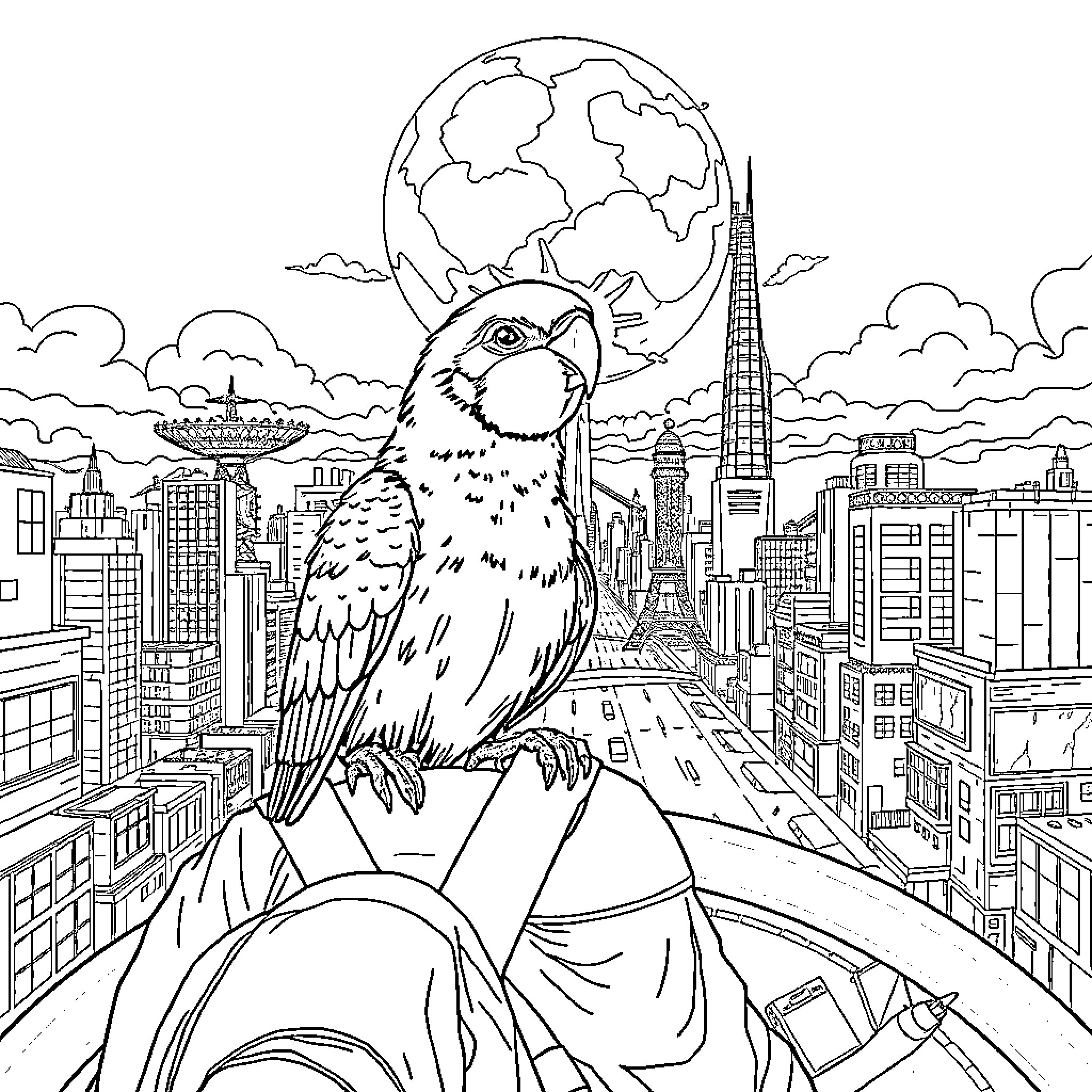 Lovebird perched on the Eiffel Tower in the city Coloring Page (free black-and-white line drawing printable PDF for all, from beginners to advanced learners, including children, teens, adults, and seniors)