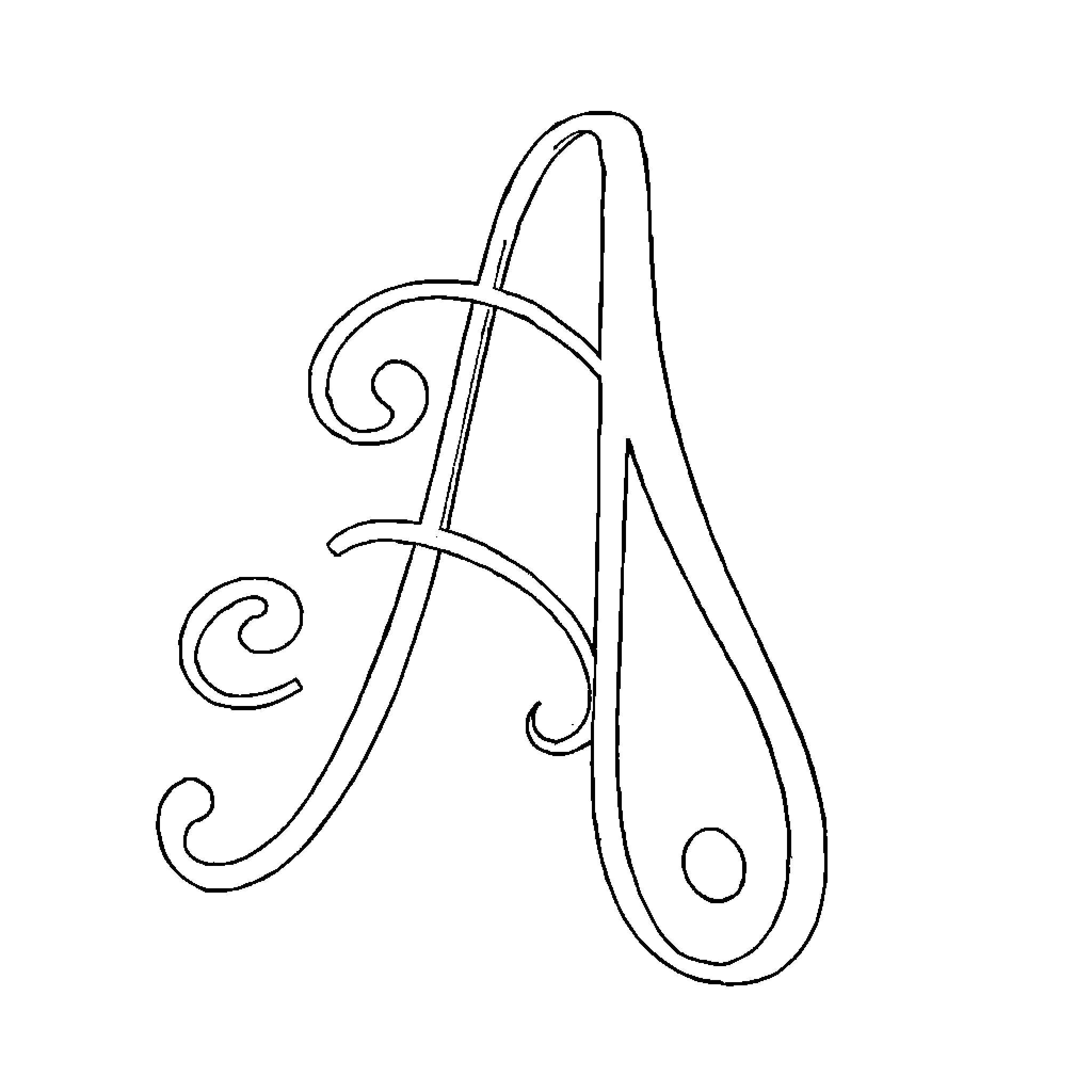 Letter A with Ornate Swirling Design Coloring Page (free black-and-white line drawing printable PDF for all, from beginners to advanced learners, including children, teens, adults, and seniors)