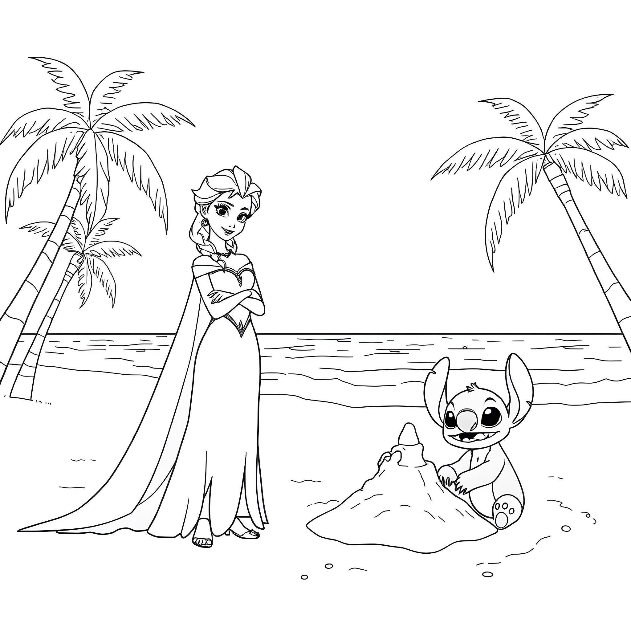 Elsa and Stitch on a tropical beach Coloring Page (free black-and-white line drawing printable PDF for all, from beginners to advanced learners, including children, teens, adults, and seniors)