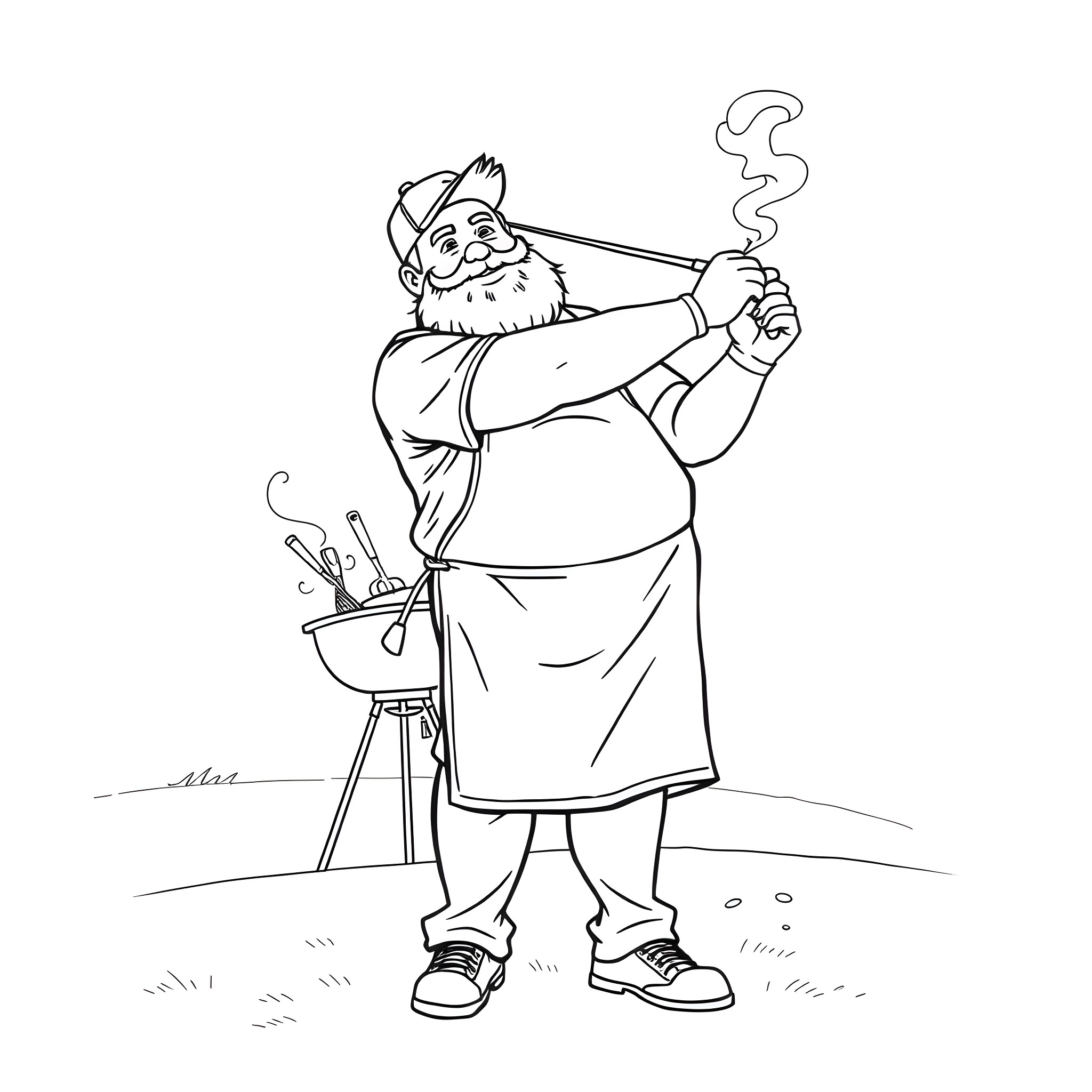 BBQ Guy grilling food happily outdoors Coloring Page (free black-and-white line drawing printable PDF for all, from beginners to advanced learners, including children, teens, adults, and seniors)