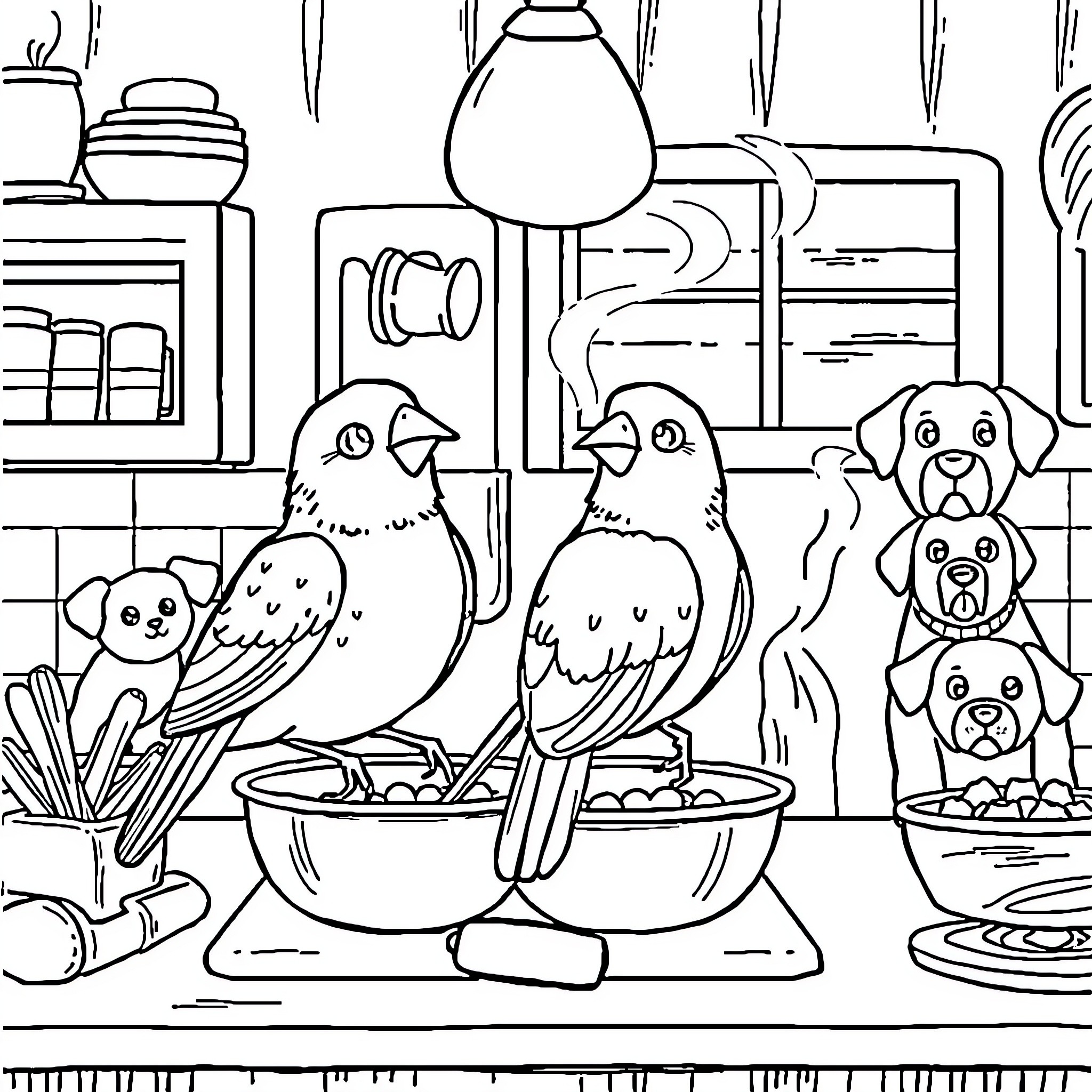 Bird friends enjoying a cozy home Coloring Page (free black-and-white line drawing printable PDF for all, from beginners to advanced learners, including children, teens, adults, and seniors)