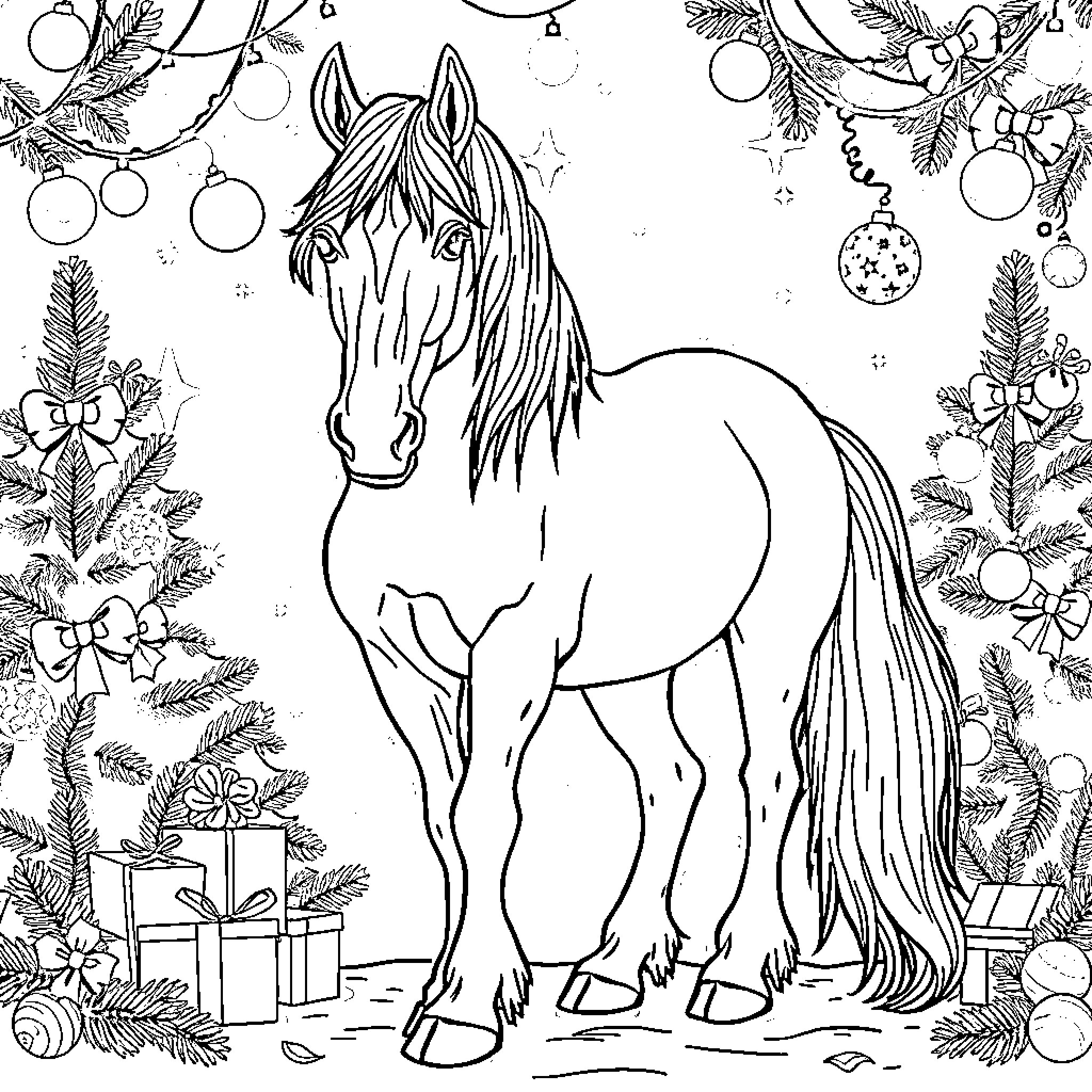 Gypsy Vanner Horse Celebrating the Holidays Coloring Page (free black-and-white line drawing printable PDF for all, from beginners to advanced learners, including children, teens, adults, and seniors)