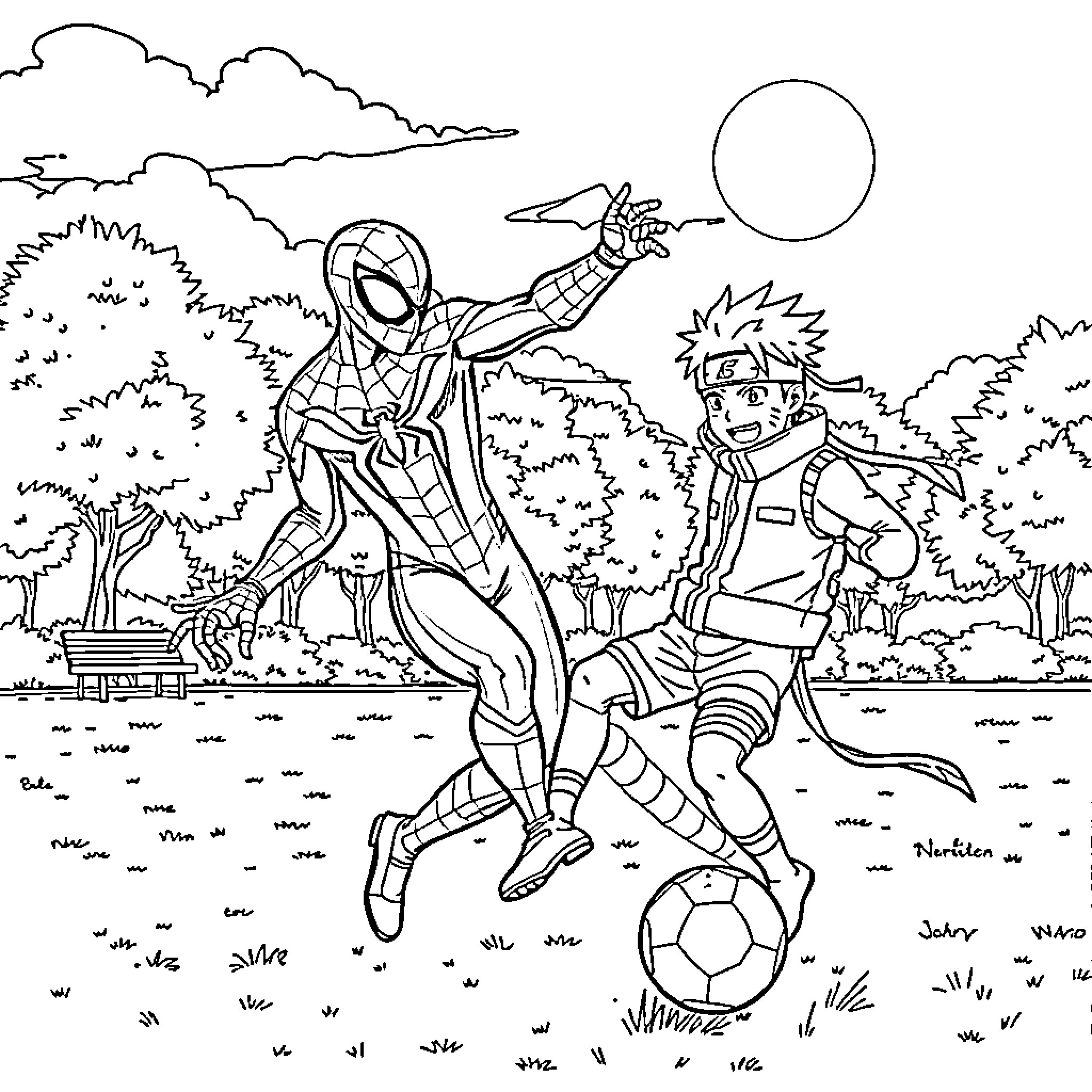 Spiderman playing soccer with Naruto in a park Coloring Page (free black-and-white line drawing printable PDF for all, from beginners to advanced learners, including children, teens, adults, and seniors)