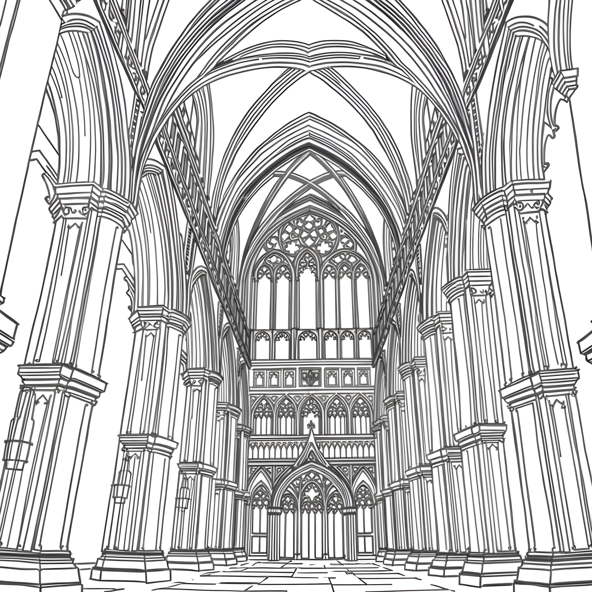 Gothic Cathedral Interior with Ornate Arches and Windows Coloring Page (free black-and-white line drawing printable PDF for all, from beginners to advanced learners, including children, teens, adults, and seniors)